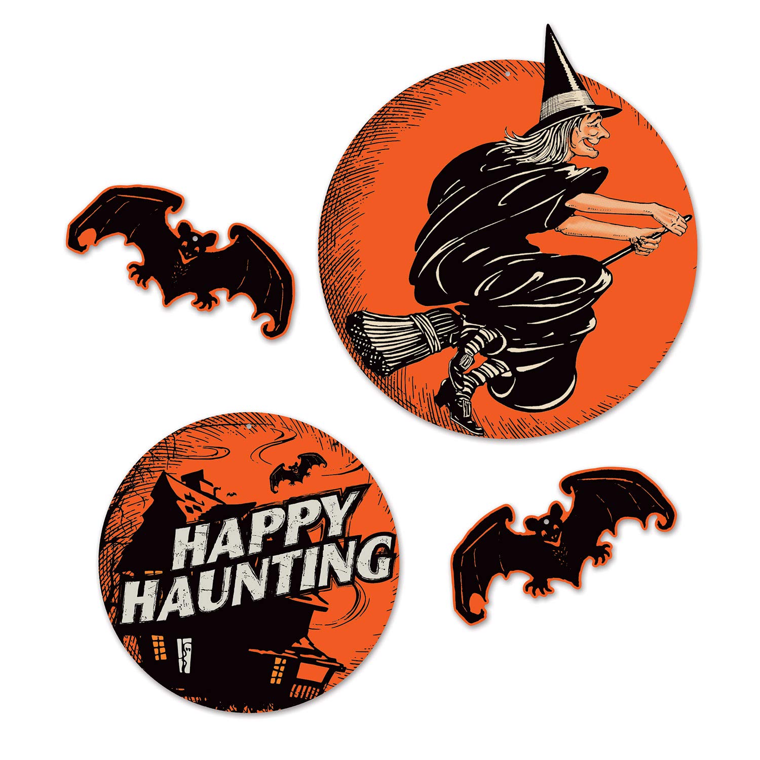 Beistle 4 Piece Vintage Halloween Cut Outs Retro Haunted House, Witch and Bat Indoor Decorations for Home and Office, 11.75