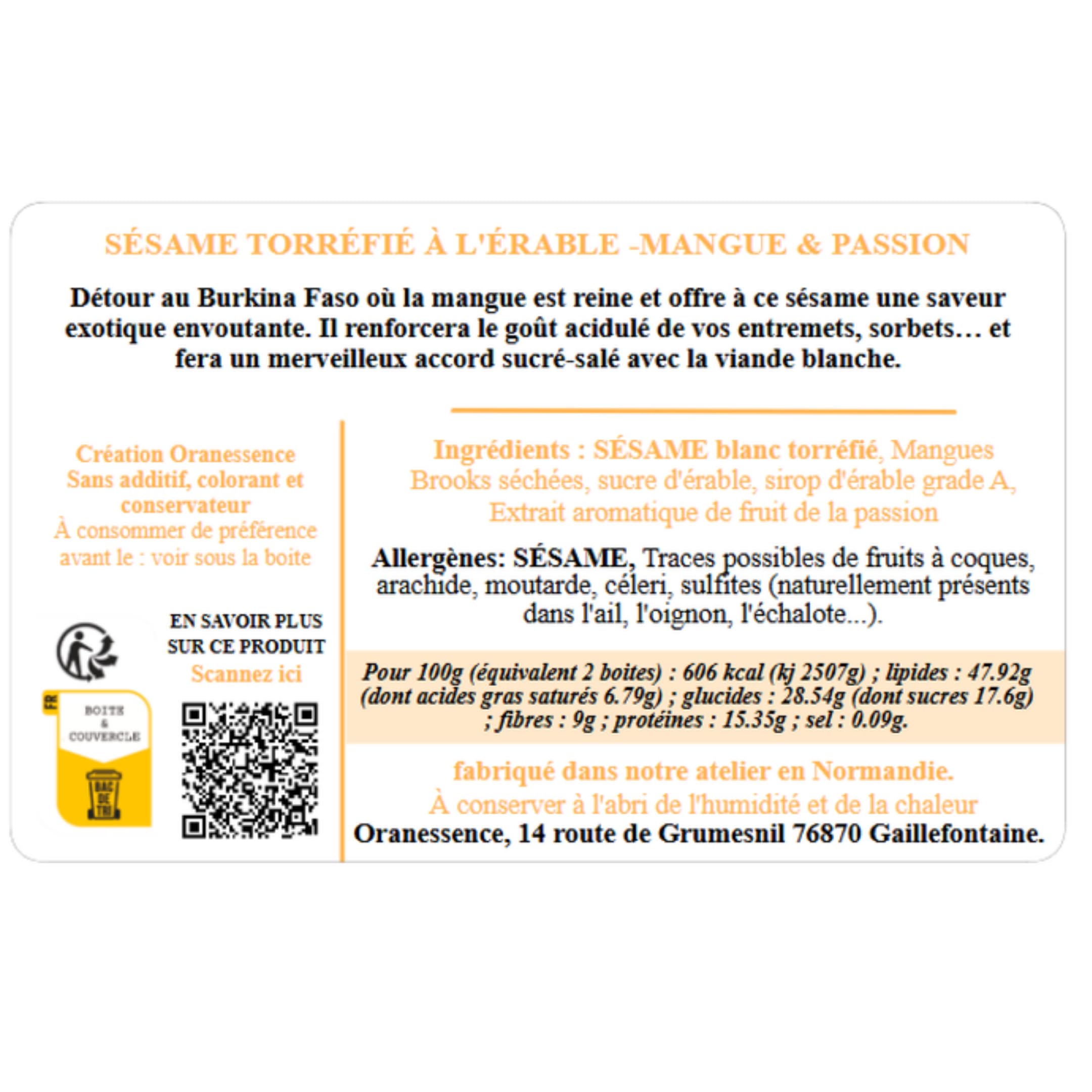 Sésame à l'érable (200g) - Mangue & Passion - Topping Dessert - UNIQUE - Fabriqué à la main en Normandie - Assemblage d'Exception - Sans additif, Sans Colorant, Sans Conservateur, non irradié