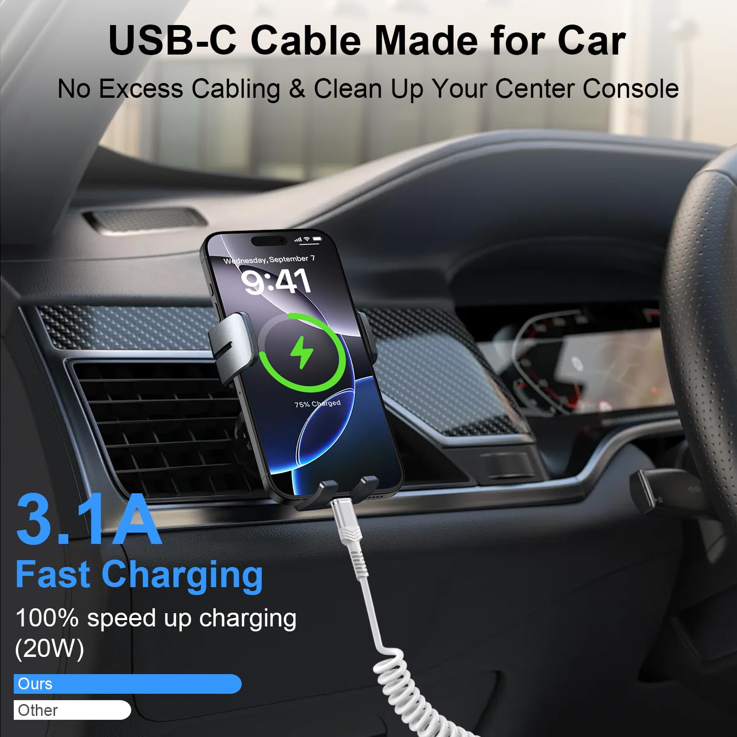 Cable de carga retráctil de coche de 6 pies en espiral USB a USB C, cable de carga rápida Android Auto para Motorola Edge 50/Edge 40 Ultra/Moto G Stylus/G Play/G Power, Samsung Galaxy S24 Ultra A15