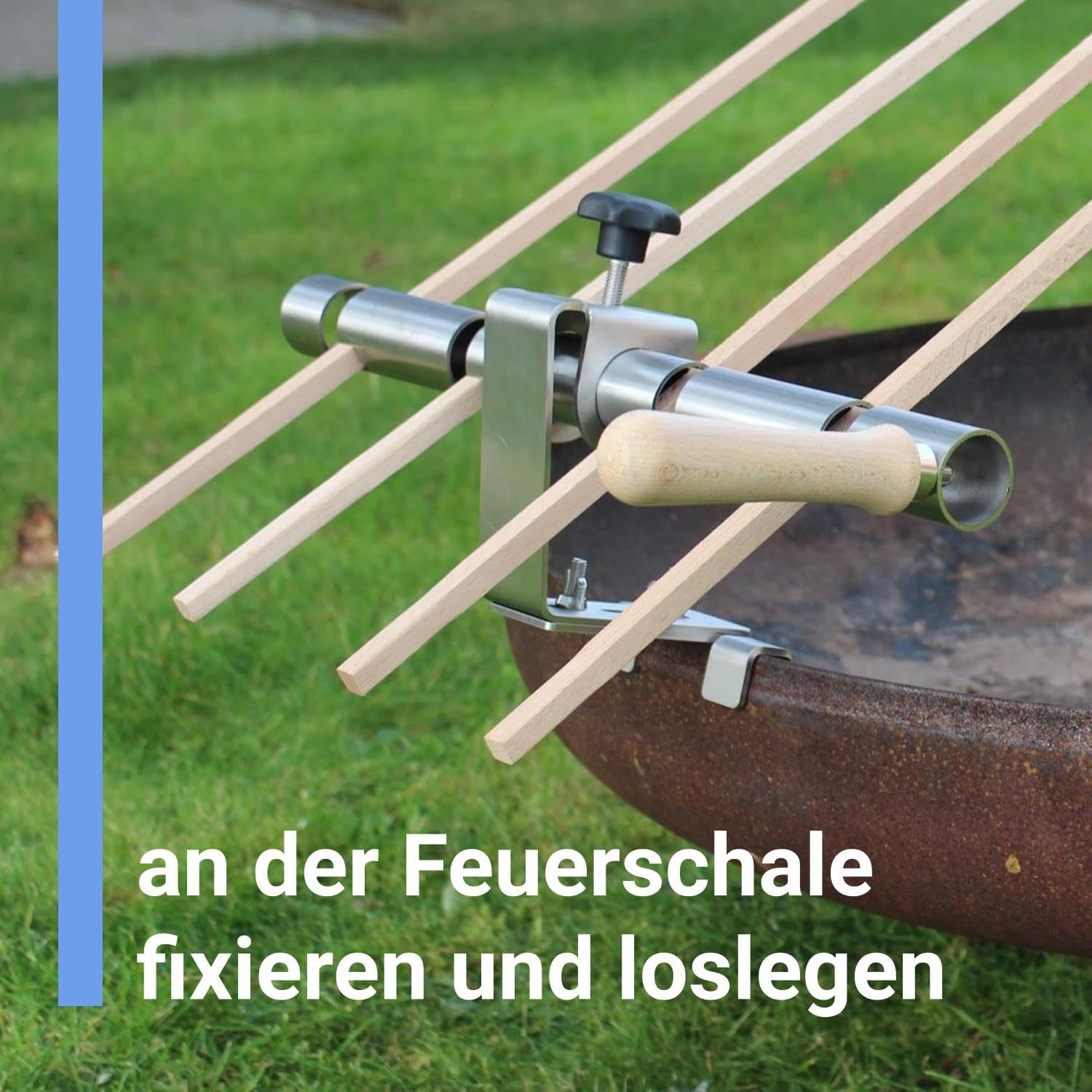 Premium Steckerlfisch Halter für Feuerschale - Platz für 4 Fische - Fisch Grill Aufsatz passt auf Jede Feuerschale - stufenlos verstellbar - Original Buchenholz Spieße - Asado Grill für Feuerschale