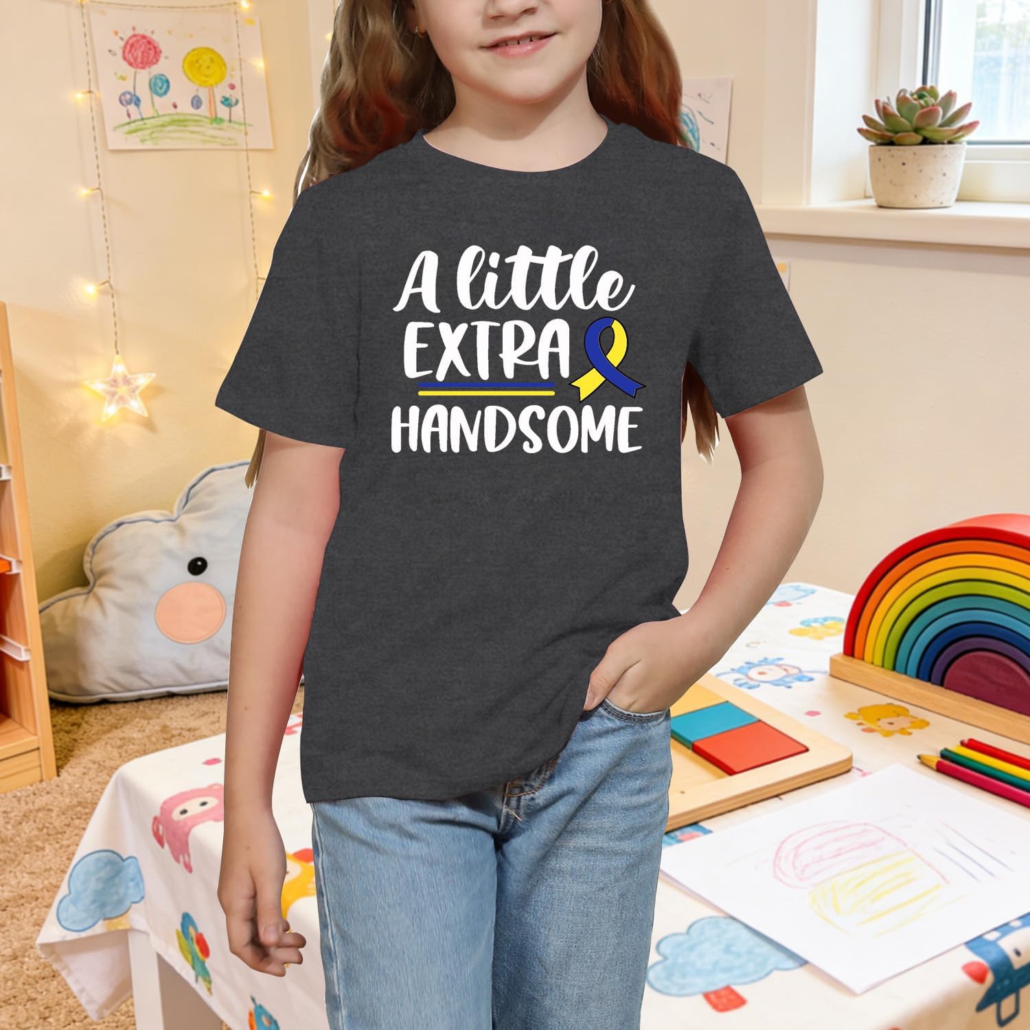 Kids Down Syndrome Awareness Shirts A Little Extra Handsome Girls Boys T-Shirt Blue Yellow Ribbon Toddler Tee