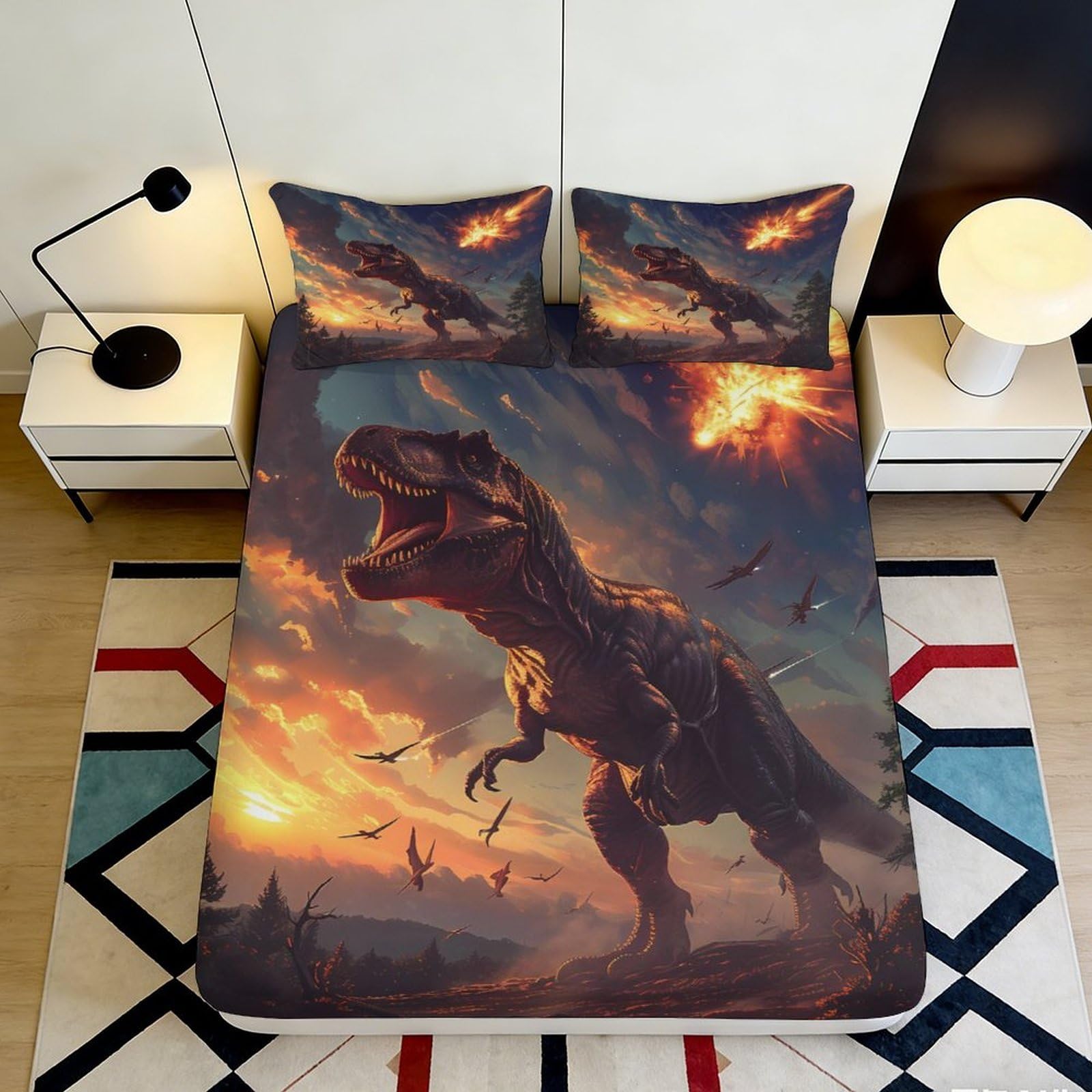 3D Printed Dinosaur Volcano Fitted Sheet Microfiber Soft Anti-Slip Prehistoric Meteor Bed Cover for Bedroom Dorm Decor 90x200x25cm