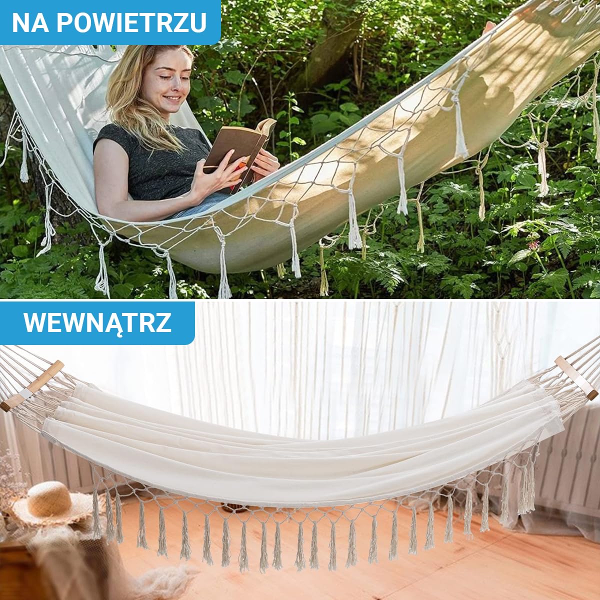 Luksusowy hamak z drążkiem Fleau Goods - Pełen wdzięku frędzle - 100% bawełny - Wygodny - Zawiera materiał do zawieszania i torbę do przenoszenia - 100 x 200 cm