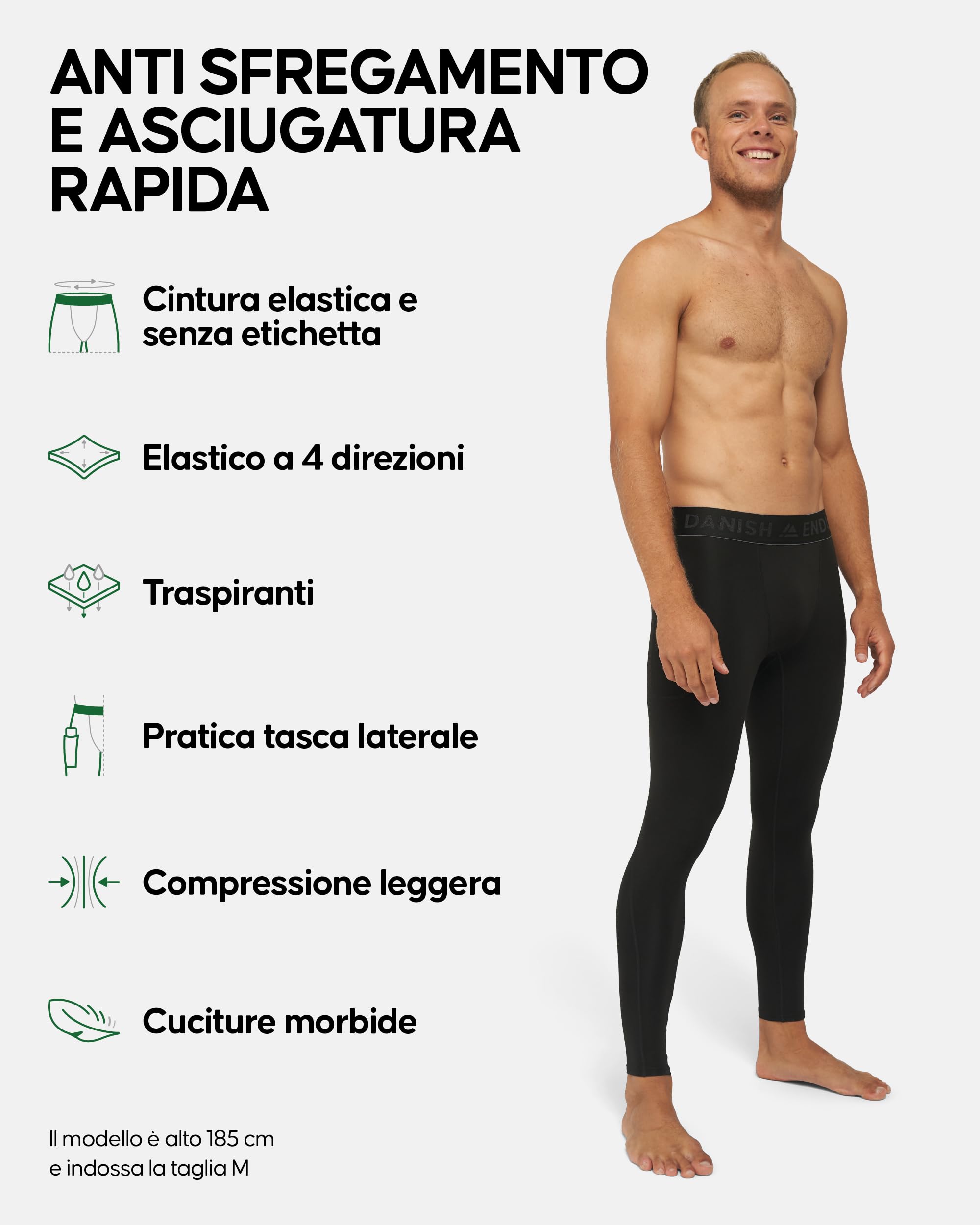 DANISH ENDURANCE Pantaloni Compressione, Traspiranti e ad Asciugatura Rapida, Leggings Sportivi Uomo, 2 Paia
