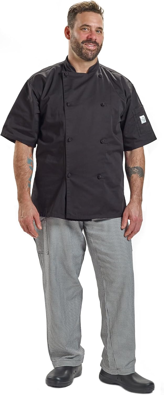 Mercer Culinary M61022BKXS Genesis Men's Short Sleeve Chef Jacket with Cloth Knot Buttons, X-Small, Black - Image 6