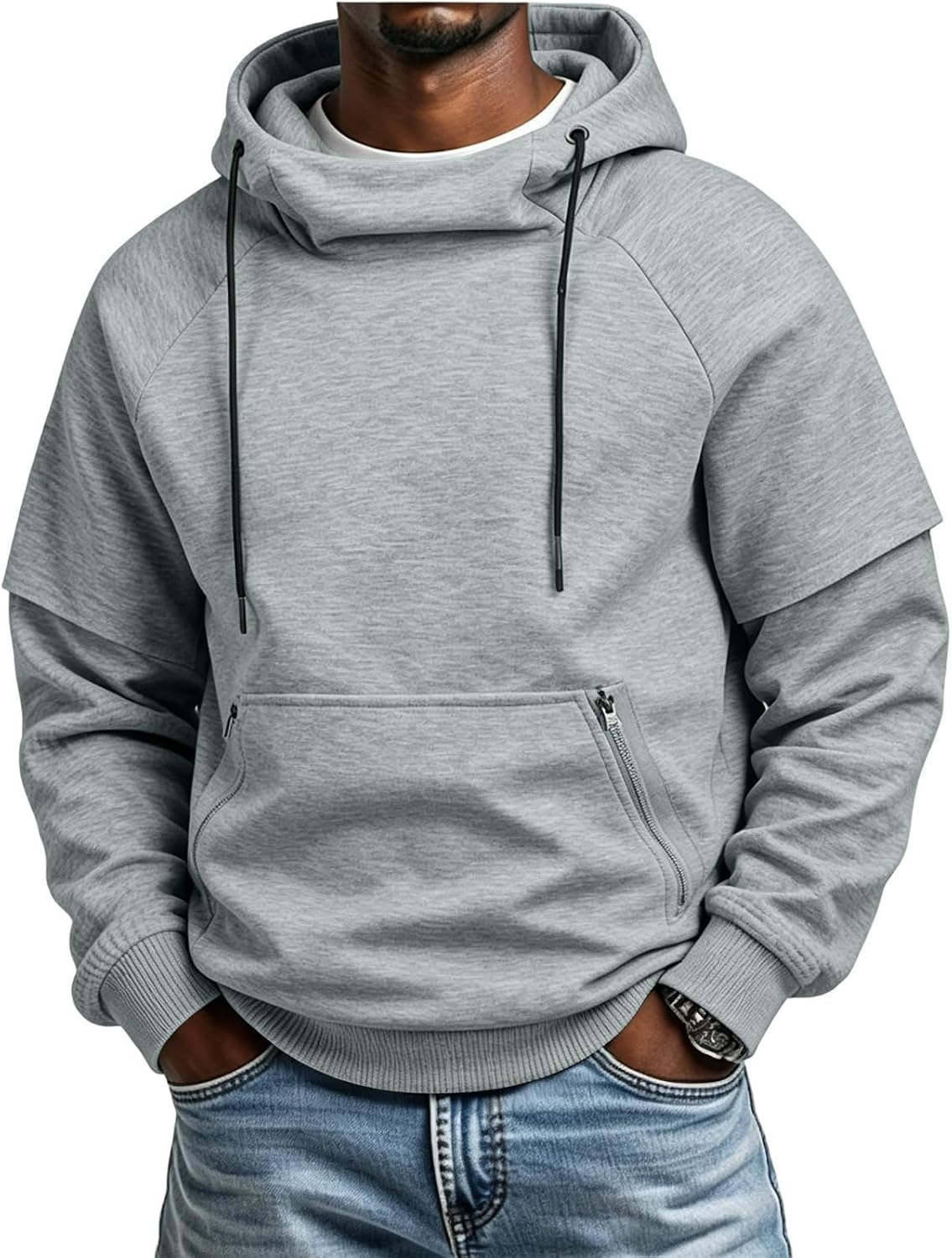 Men's Long Sleeve Hoodie Zip Pocket Pullover Streetwear | Layered Sleeve Design With Drawstring Hood And Zip Kangaroo Pocket For Streetwear And Casual Layering