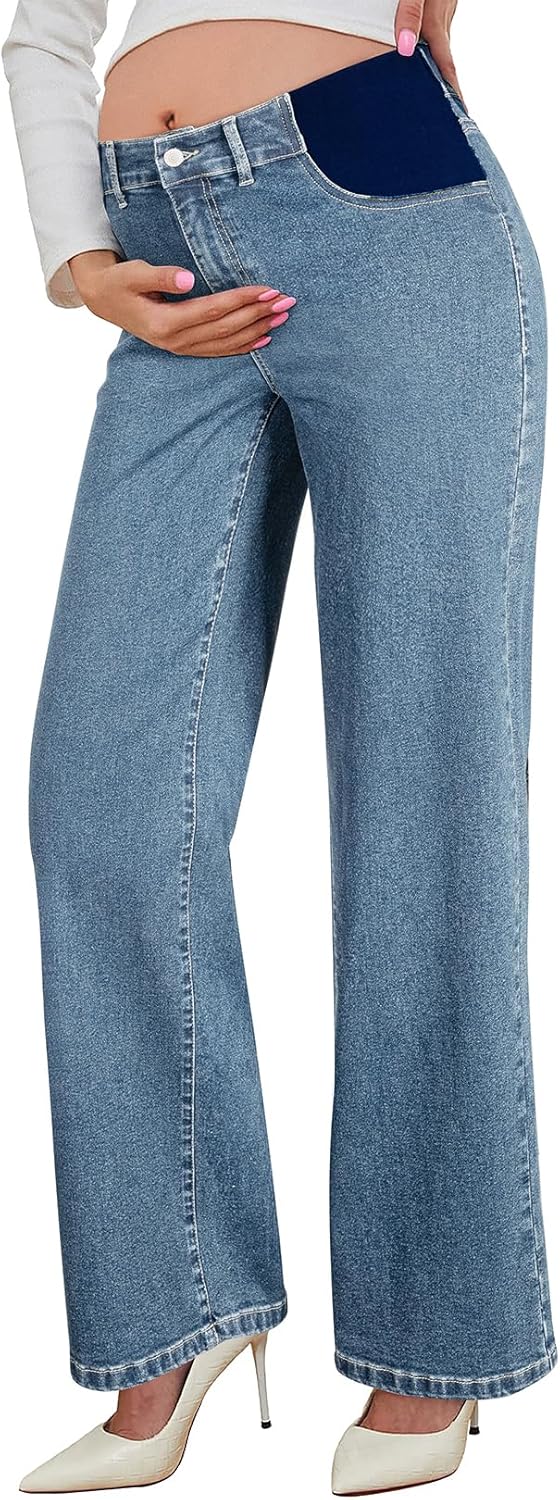 BLENCOT Maternity Jeans for Women High Waist Straight Leg Pregnancy Denim Pants with Pockets