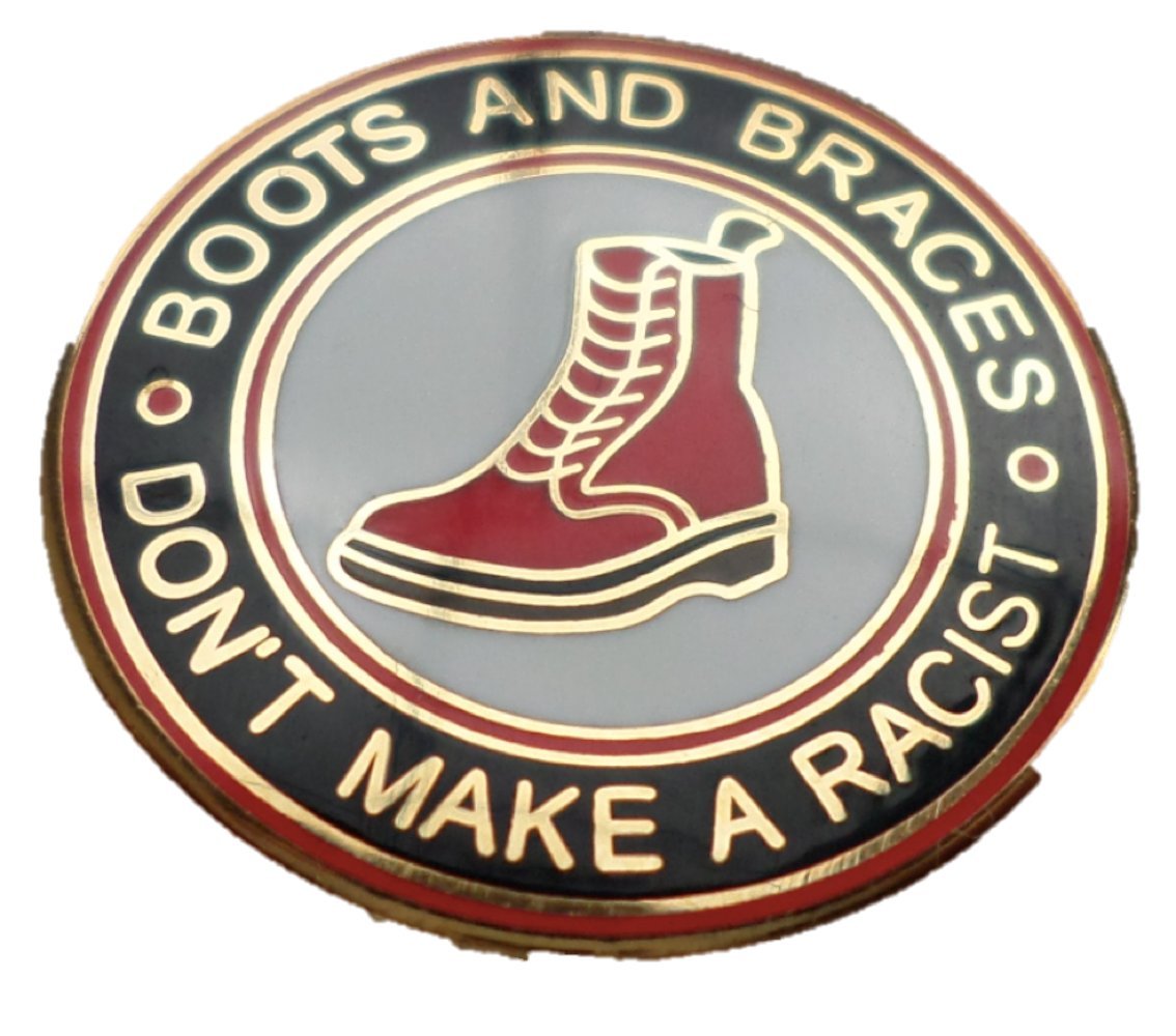 Skinhead Men's White/Red/Black Boots And Braces Don't Make A Racist Enamel Pin Badge ()