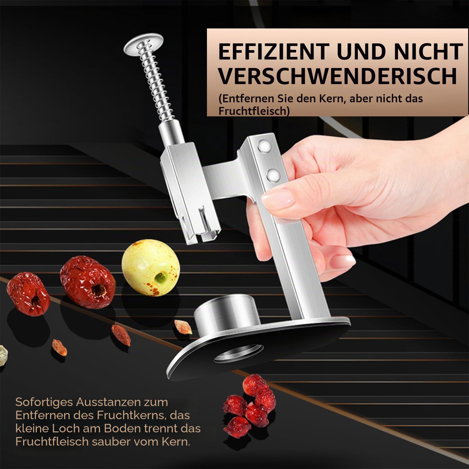 Kirschentkerner, Push-Down Edelstahl Kirschentkerner zum schnellen Entkernen, Kirschkernentferner, Manueller Kirschentsteiner, Kirschenentkerner für Kirschen, Beeren und Weißdorn