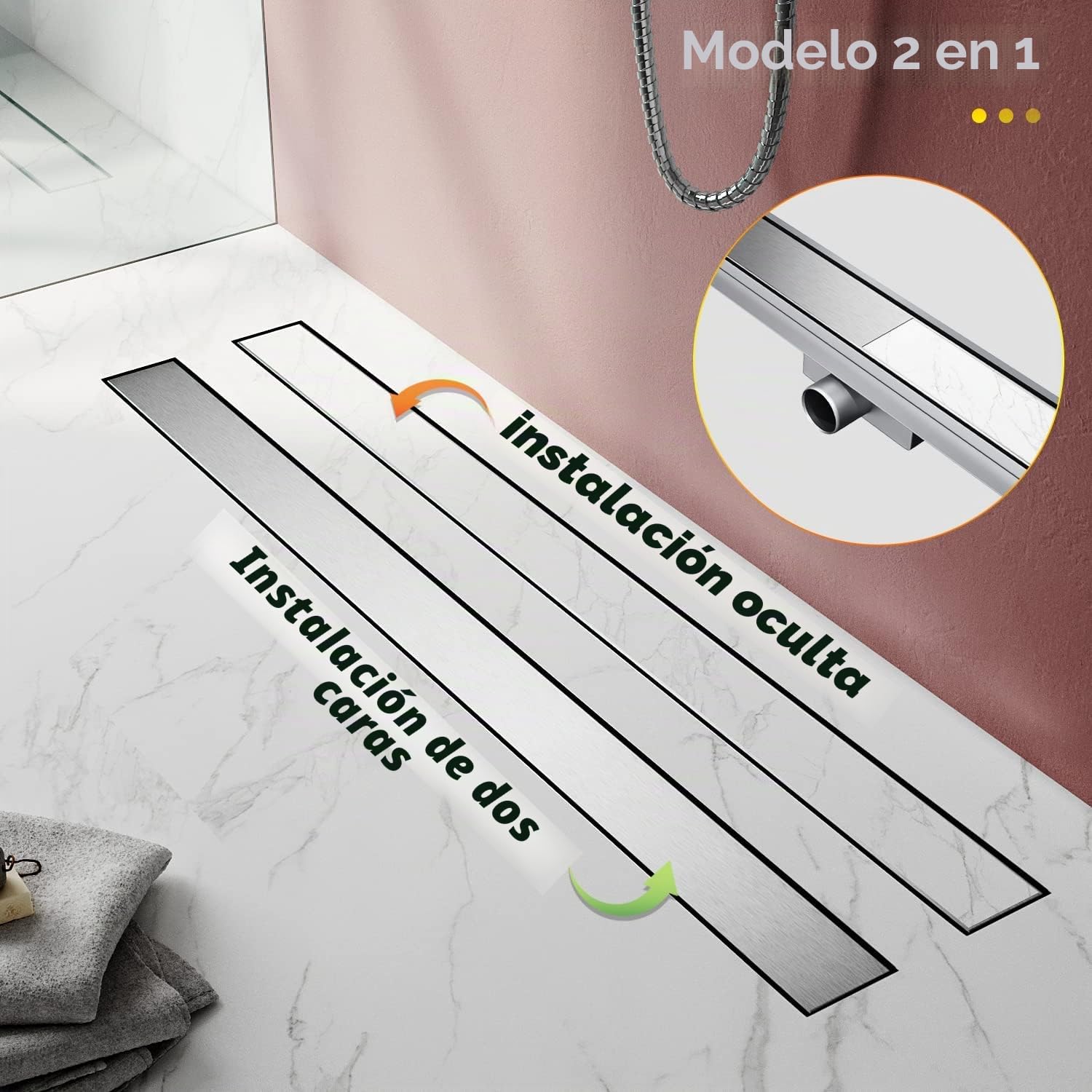 SIRHONA Canaleta de Ducha de Acero Inoxidable 60cm, 2 en 1 Conjunto Completo de Desagüe de Ducha con Accesorio de Piso, Doble Cara, con Tope de Olor y Tamiz de Pelo