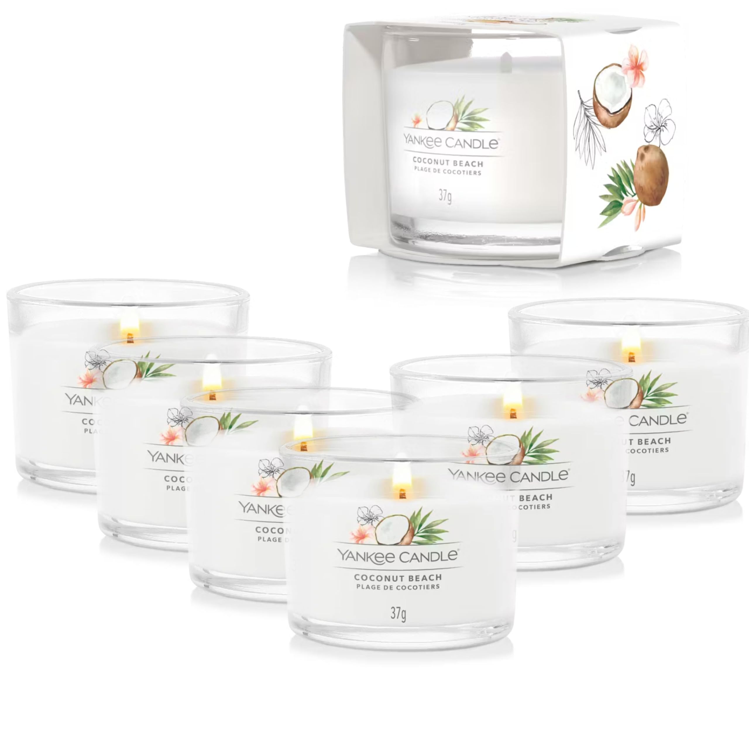 Yankee Candle Scented Candles Gift Set (6x37g Jars)| Coconut Beach Filled Votive Candles | Soy Blend Wax Mix | 6 Count, Gift Set for Women