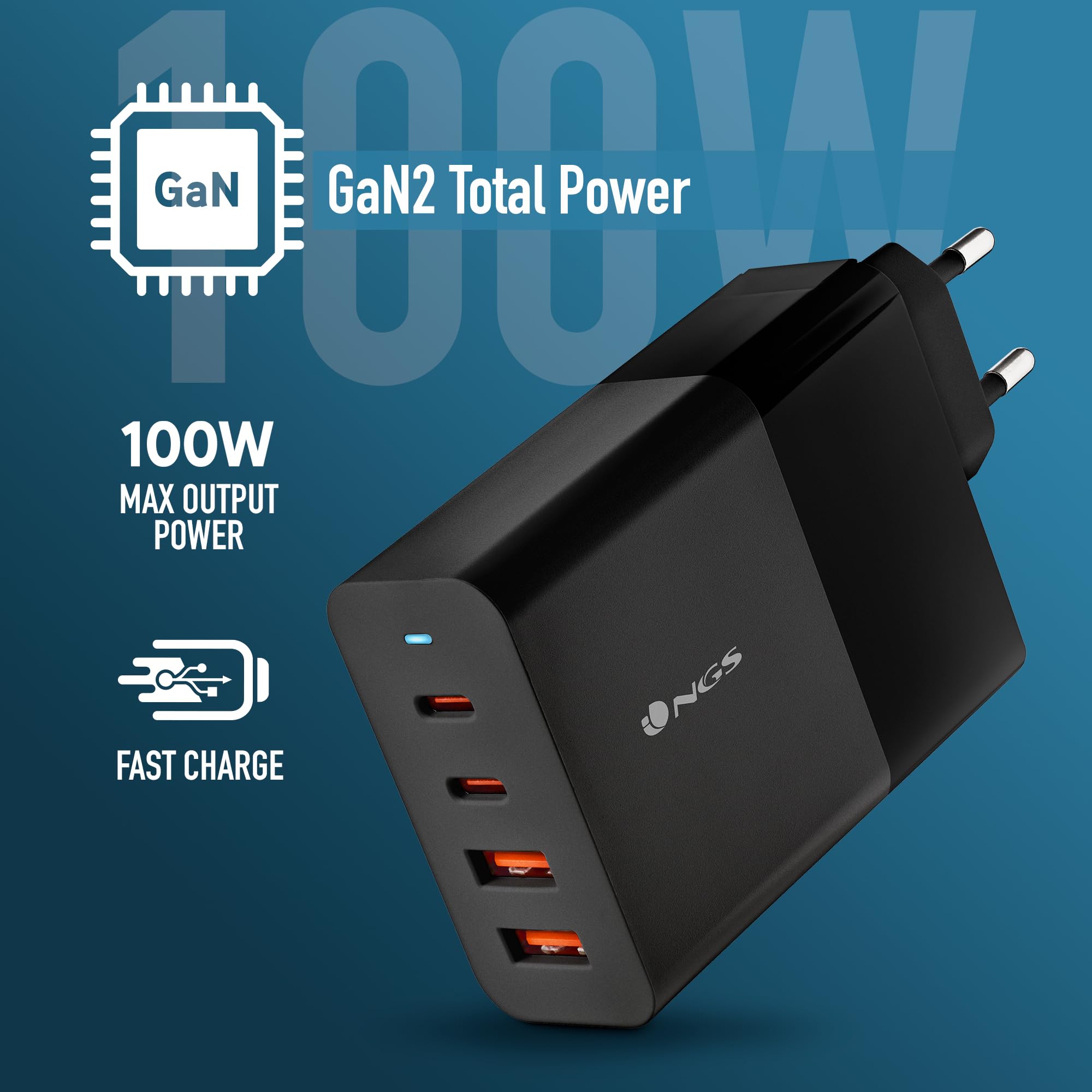 NGS Bud 100 W - Caricatore da parete ultra veloce con 2 porte USB-C(PD & PPS 100 W) 2 USB-A (QC 3.0 30 W) compatto e portatile per smartphone tablet portatili Materiali GAN ignifughi Ricarica