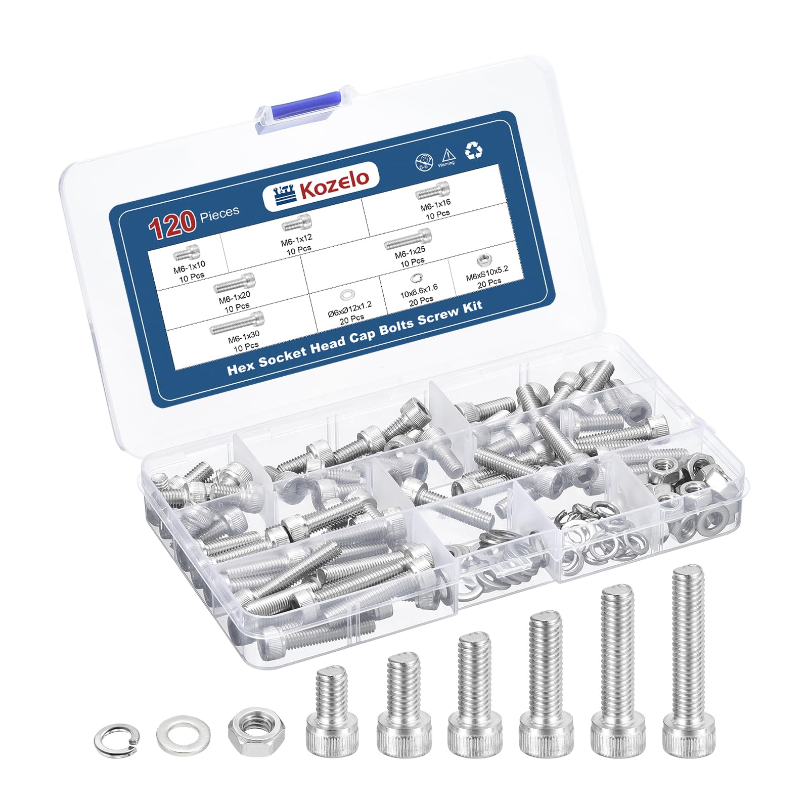 Kozelo 120pcs M6 Socket Head Cap Screws Bolts Nuts Assortment Kit