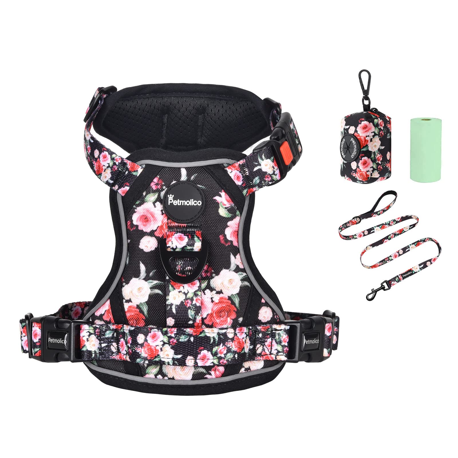 Incomplete, Petmolico No Pull Dog Harness Set, 2 Leash Attchment Easy Control Handle Reflective Vest Dog Harness Small Breed, Small Dogs Harness and Leash Set with Poop Bag Holder, Small Red White Flower
