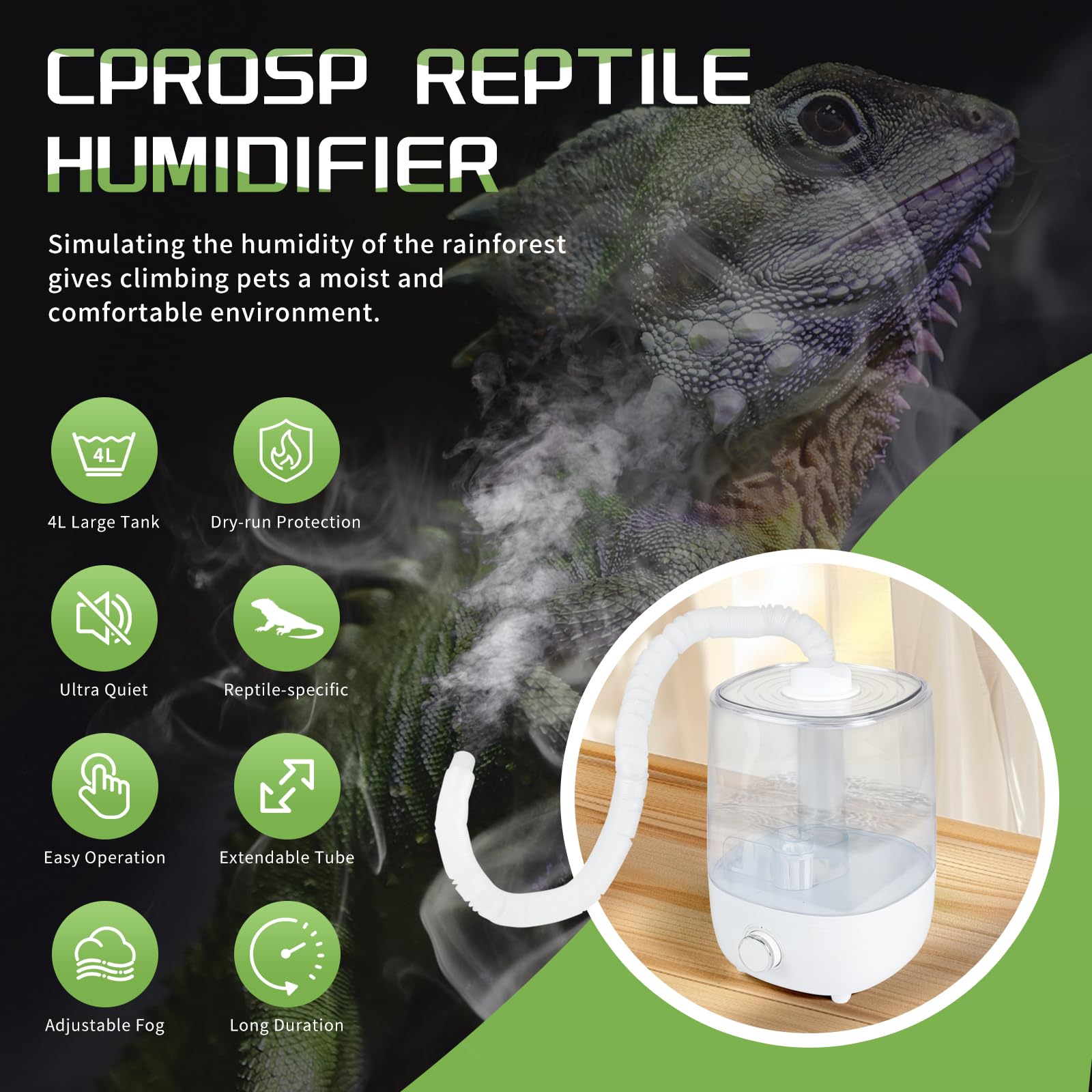 CPROSP Humidificador para Reptiles 4L, Botón Giratorio, Silencioso, Universal para Reptiles y Plantas Húmedas