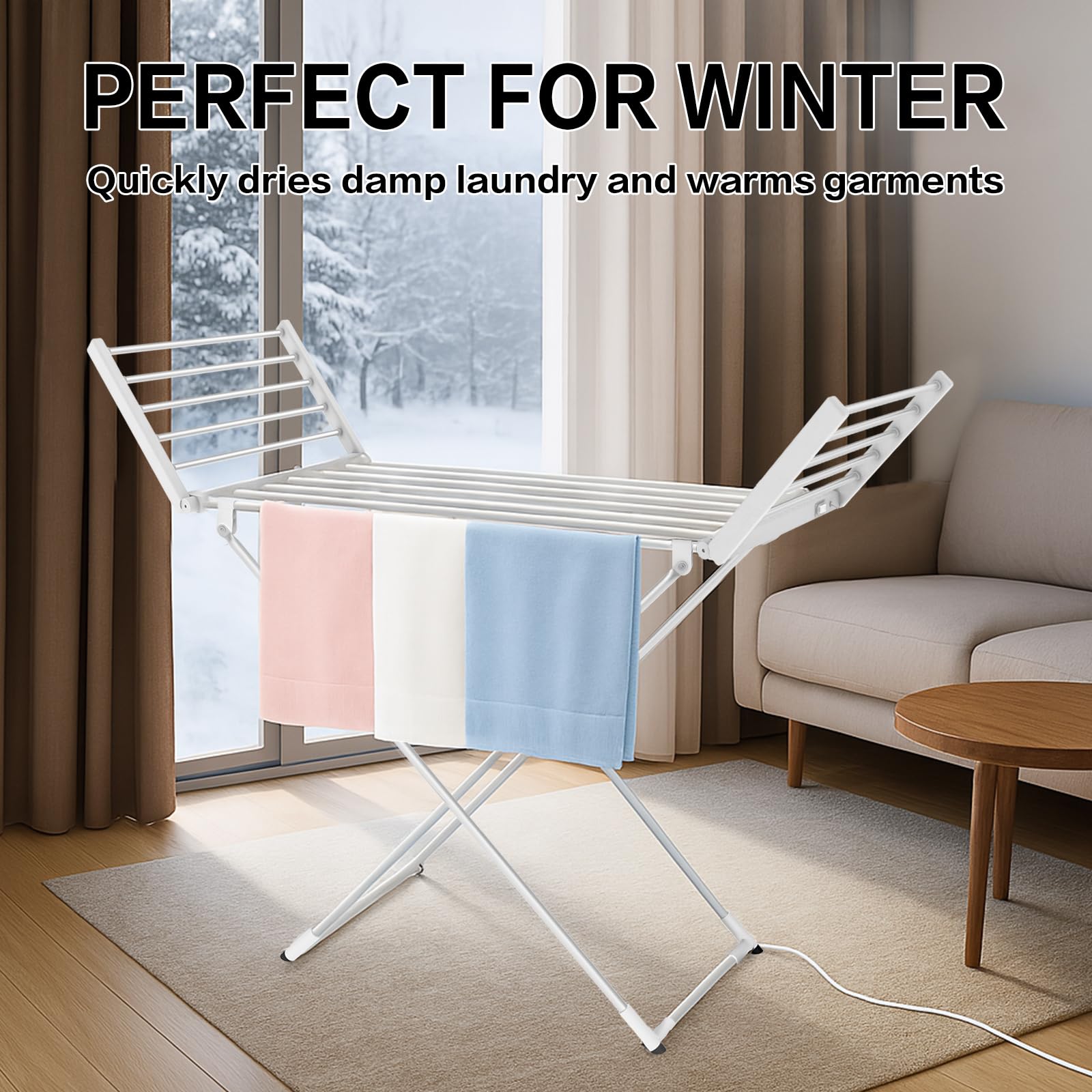 Todeco Sèche-Linge Electrique, Etendoir Pliant d'Intérieur Chauffage, Blanc