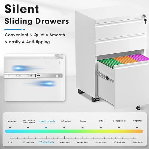 Vista 36 de Greenvelly Archivador móvil de 3 cajones con cerradura, archivador de metal sobre ruedas, archivador debajo del escritorio para organizador de Negro
