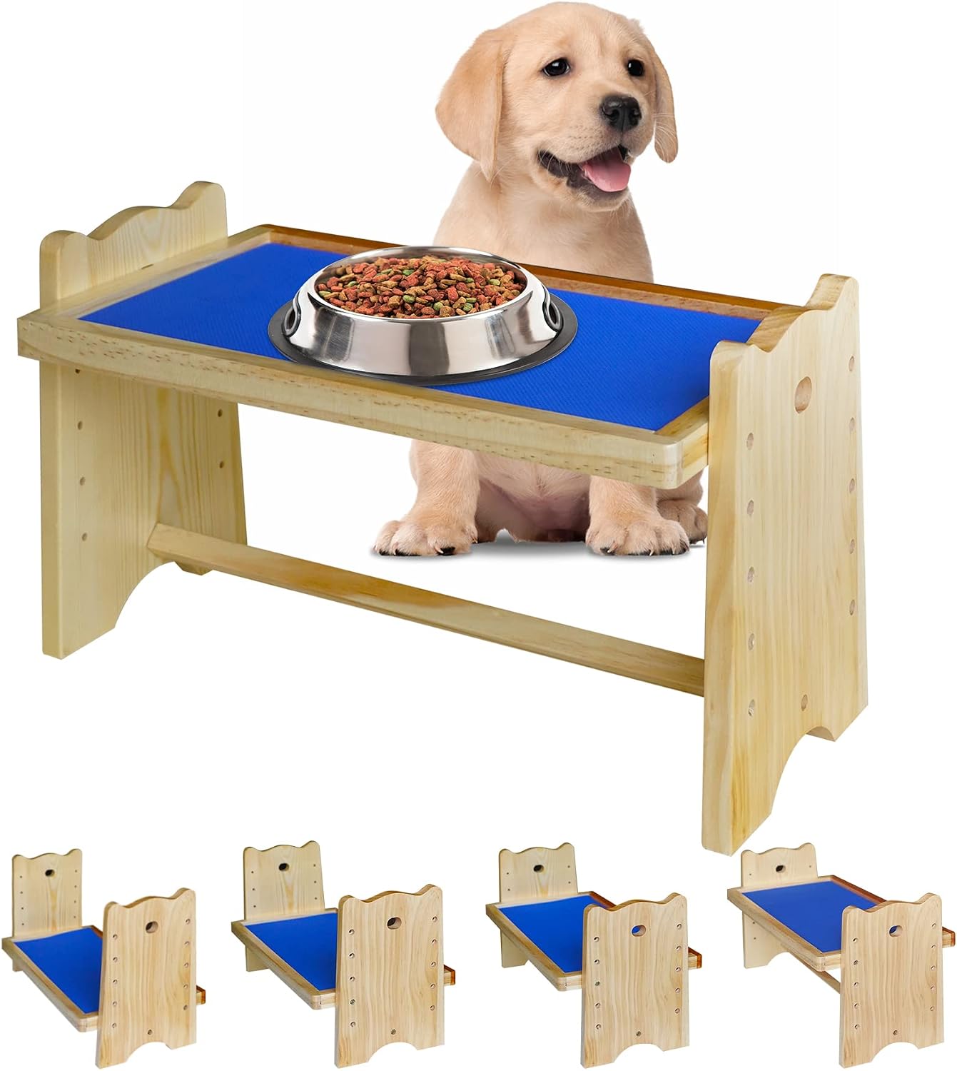 Lifted Raised Holder Adjustable Dog Bowl Stand with 5 Different Height Levels, Wooden Dog Bowl Stand with Non-Slip pad for Puppy Small Dogs