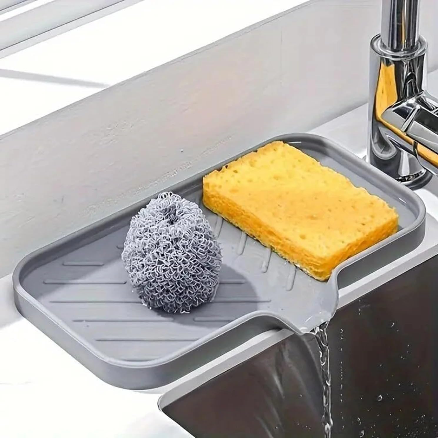 Silicone Sink Organizer Tray for Kitchen Sink | Soap & Sponge Holder with Drain Design | Kitchen Sink Caddy for Dish Soap, Scrubber & Bathroom Accessories | Quick Dry Countertop Tray (Grey)-image-36