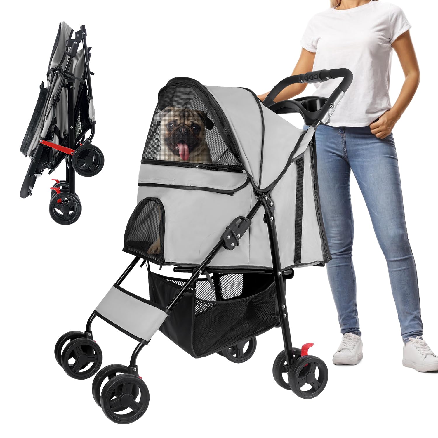 Pet Stroller 4 Wheels Dog Stroller by YOUMI, Pet Gear with Cup Holder & Safety Belt for S/M Dogs On The Trip, Pet Rover with Storage Basket (Light Grey)