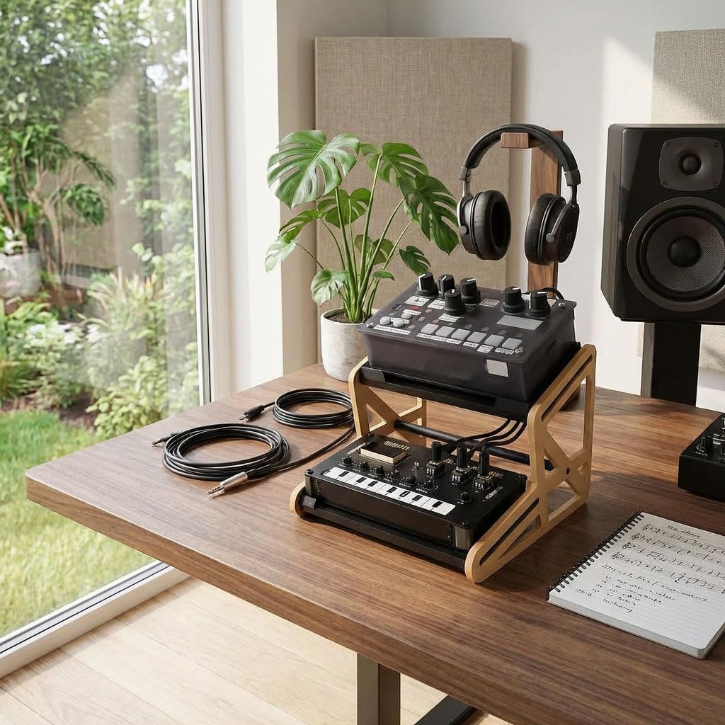 2-Tier Wooden Desktop Synth Stand - Ergonomic Angled Rack for Small Synthesizers & Drum Machines, Space-Saving Studio Organizer, Easy to Assemble