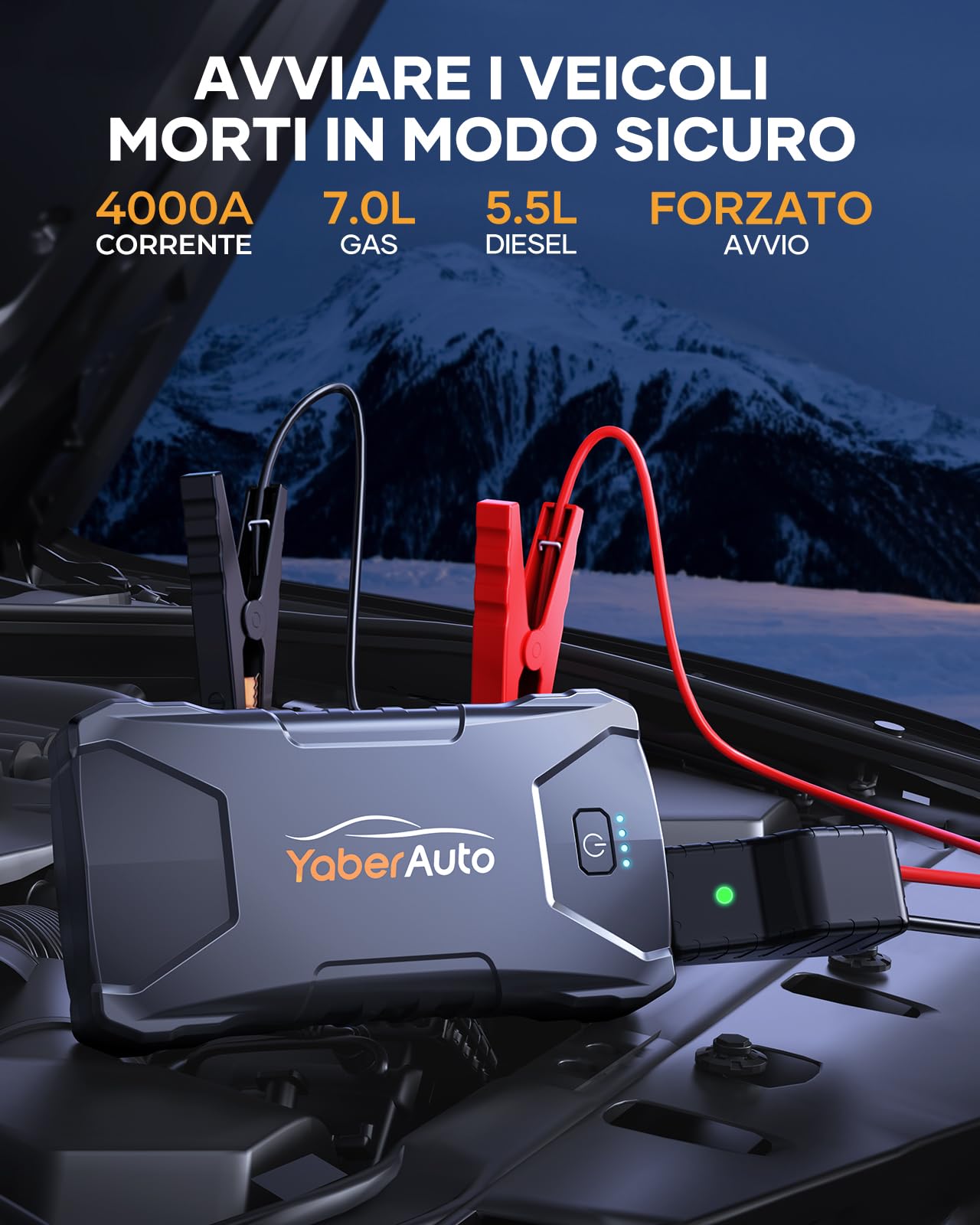 YaberAuto Booster Avviamento Auto, 6000A Avviatore Emergenza per Auto/Moto (7.0L Benzina/5.5L Diesel), 12V Starter Batteria Portatile con Torcia,Uscita USB Rapida,10 Proteziones di Sicurezza