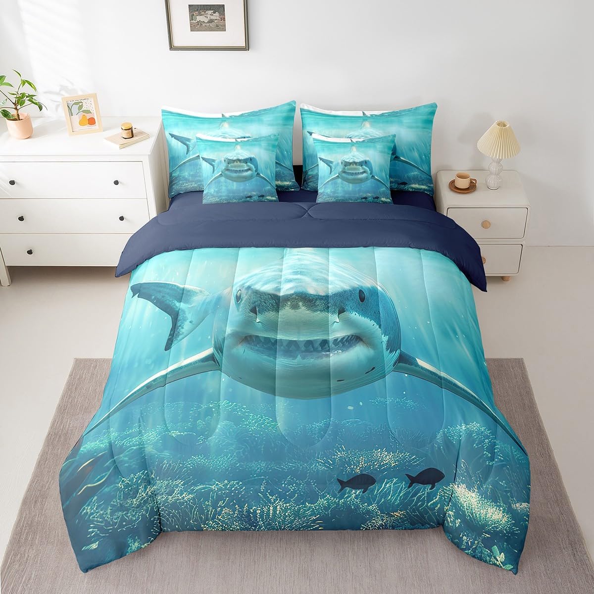 Feelyou Shark Comforter Set with Sheets Shark Fish 7 Piece Bedding Set Full for Kid, Sea Animal Bedding Sets with All Season Quilted Comforter, Flat Sheet, Fitted Sheet, Pillowcases, Pillow Covers
