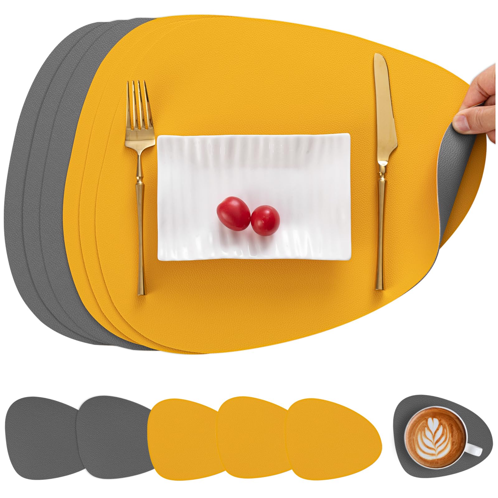 Myir JUN Tischsets Leder und Untersetzer, Tischsets Abwaschbar Rund Doppelseitigen rutschfest Platzdeckchen Leder Kunstleder Tischset Lederoptik Platzset (Grau Gelb, Satz von 6)