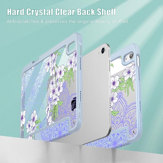 Mektron Printed Case for iPad mini 7 (A17 Pro) 2024/ Mini 6 2021, iPad mini 7th/6th Generation 8.3-inch Liquid Retina Display Cover, Buit in Pencil Holder with Clear Back Shell, Blossom Sakura-Blue