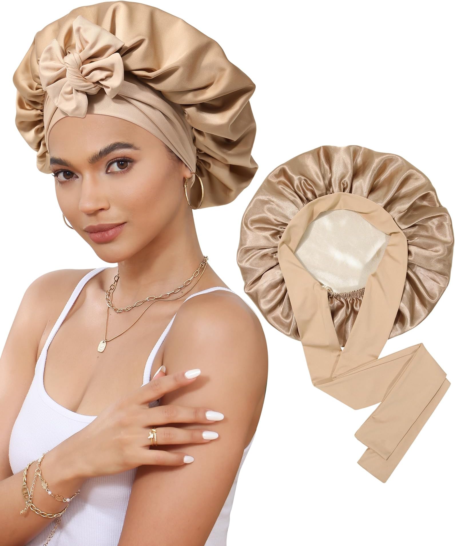 Satin Bonnet Silk Bonnet for Sleeping Silk Sleep Cap Double Layer Hair Bonnet with Elastic Tie Band for Curly Hair Night Cap (Coffee + Champagne)