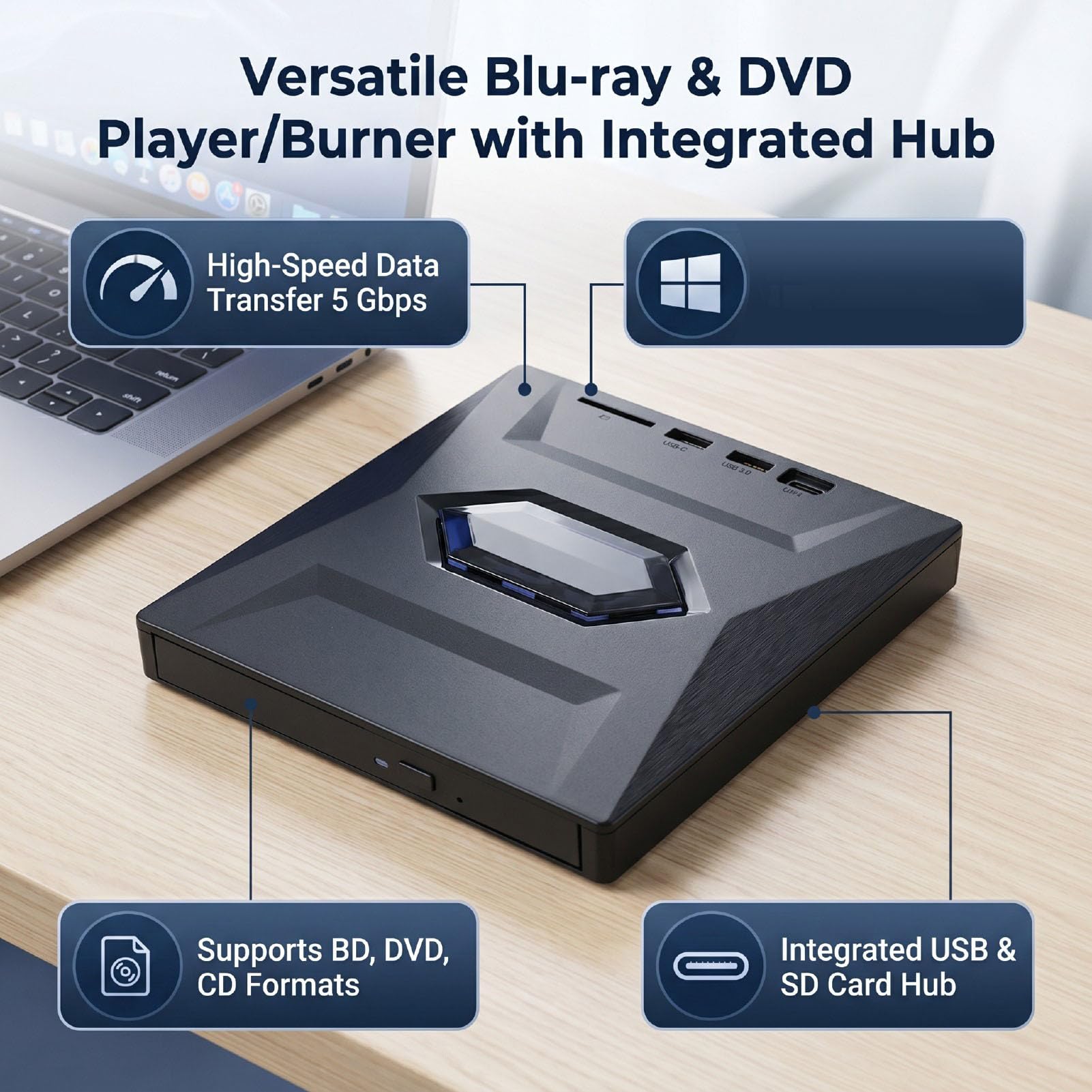 Asixxsix Lecteur Blu Ray Externe, Graveur CD DVD USB 3.0 et USB C | Installation facile (Plug and Play), bande passante de 5 Gbit/s, câble USB double, compatible avec Window 2000 XP
