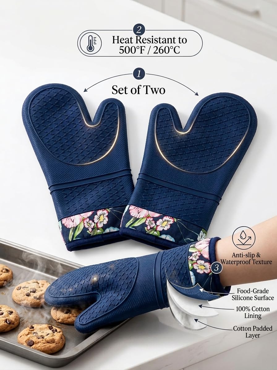 Gants de cuisine en silicone résistants à la chaleur, extra longs, antidérapants, doublure en coton doux, parfaits pour la pâtisserie, la cuisine et le barbecue, gants de cuisine 33 x 17,8