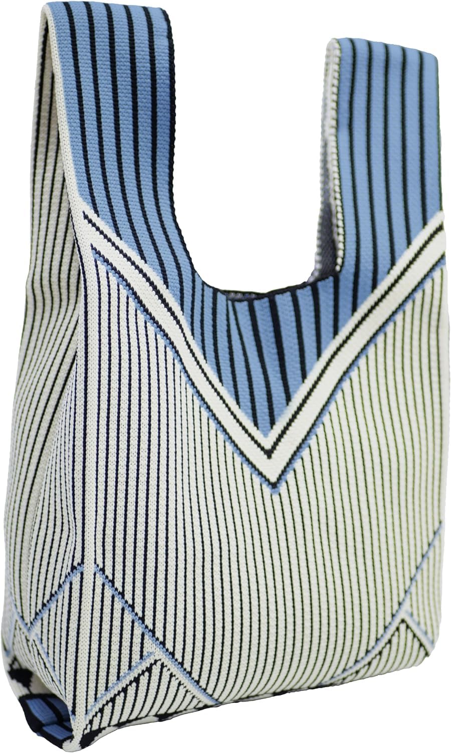 Street27® Japanese Style Wrist Handbag for Women Knitted Handbag With Bow Décor Aesthetic Crochet Knit Tote Bag suitable for daily use, Shopping, Travel, Gift (Blue & W Stripes) (B0D685C8L8) Amazon Price History, Amazon Price Tracker