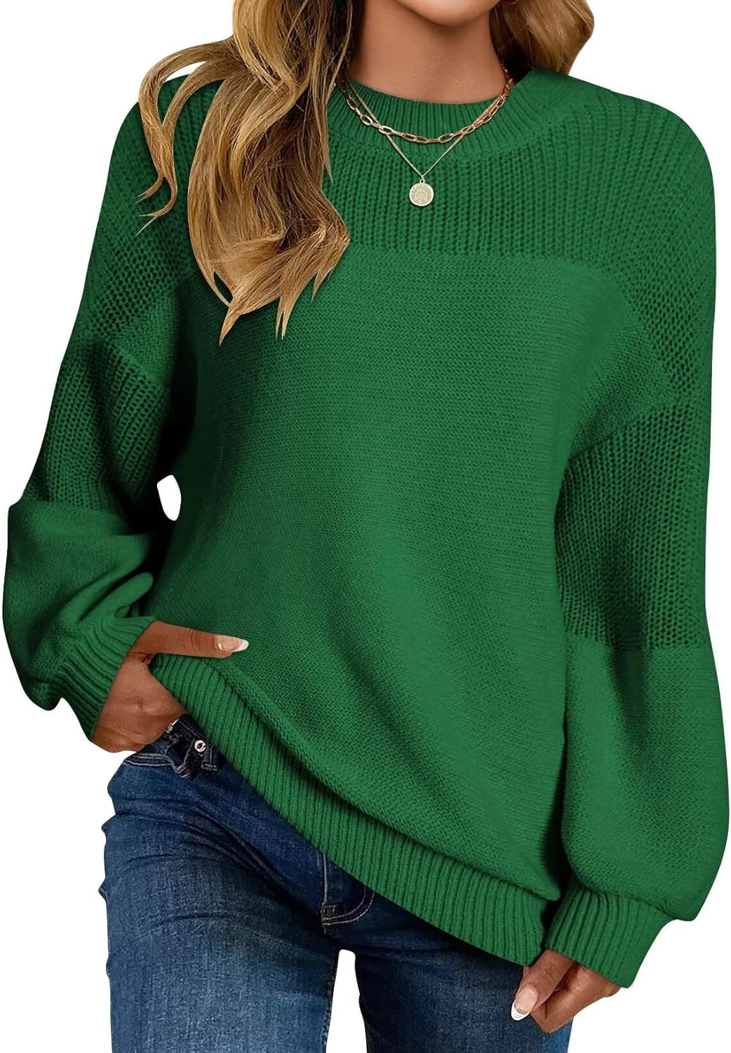 Wkior Women's Casual Sweater Loose Crewneck Knit Long Sleeve Solid Chunky Fall Pullover Sweaters Jumper Tops