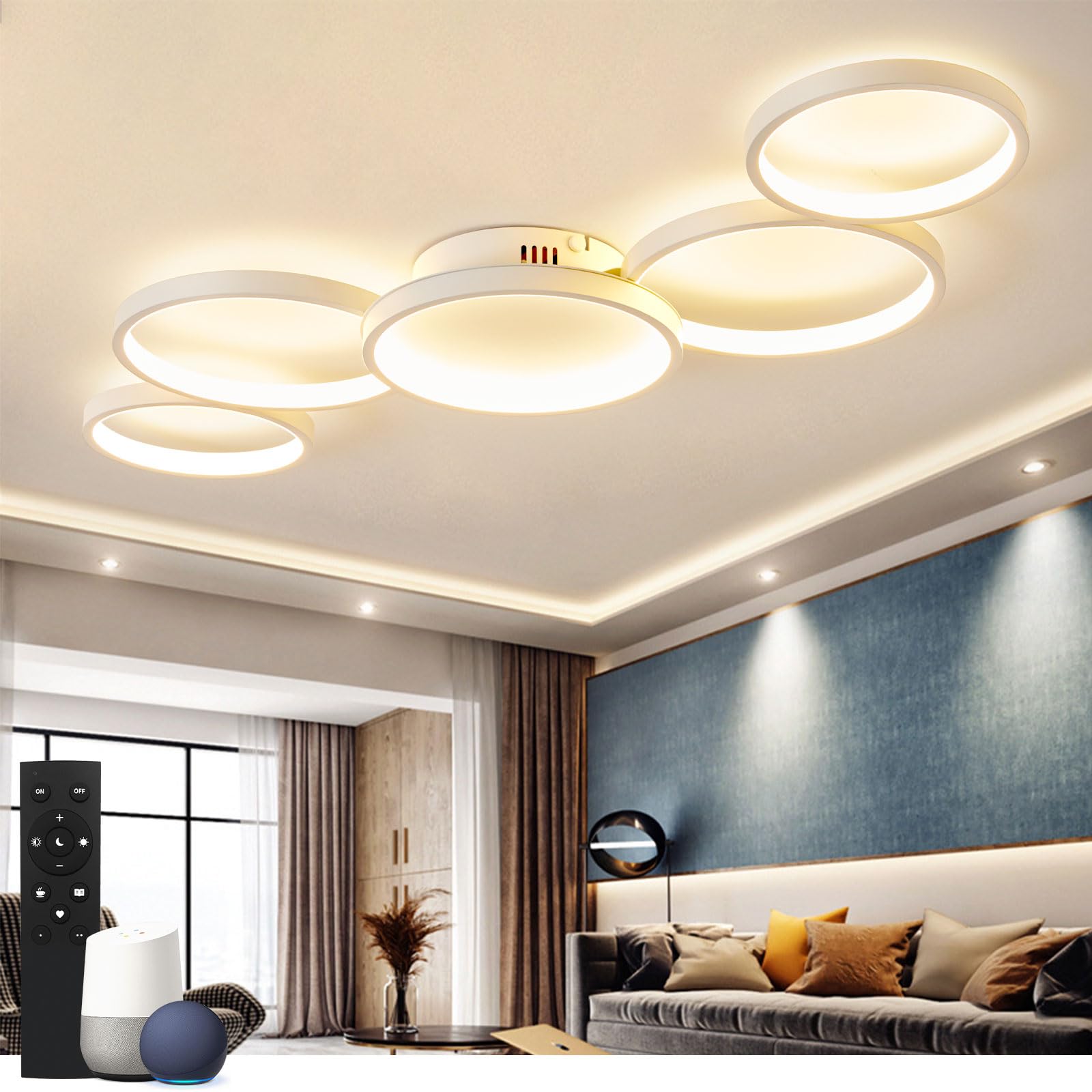Lampara Salon Techo 50W 100cm compatible con Alexa App con mando a distancia redondo regulable lampara techo 3000K-6500K 9500LM para salón dormitorio cocina Blanco