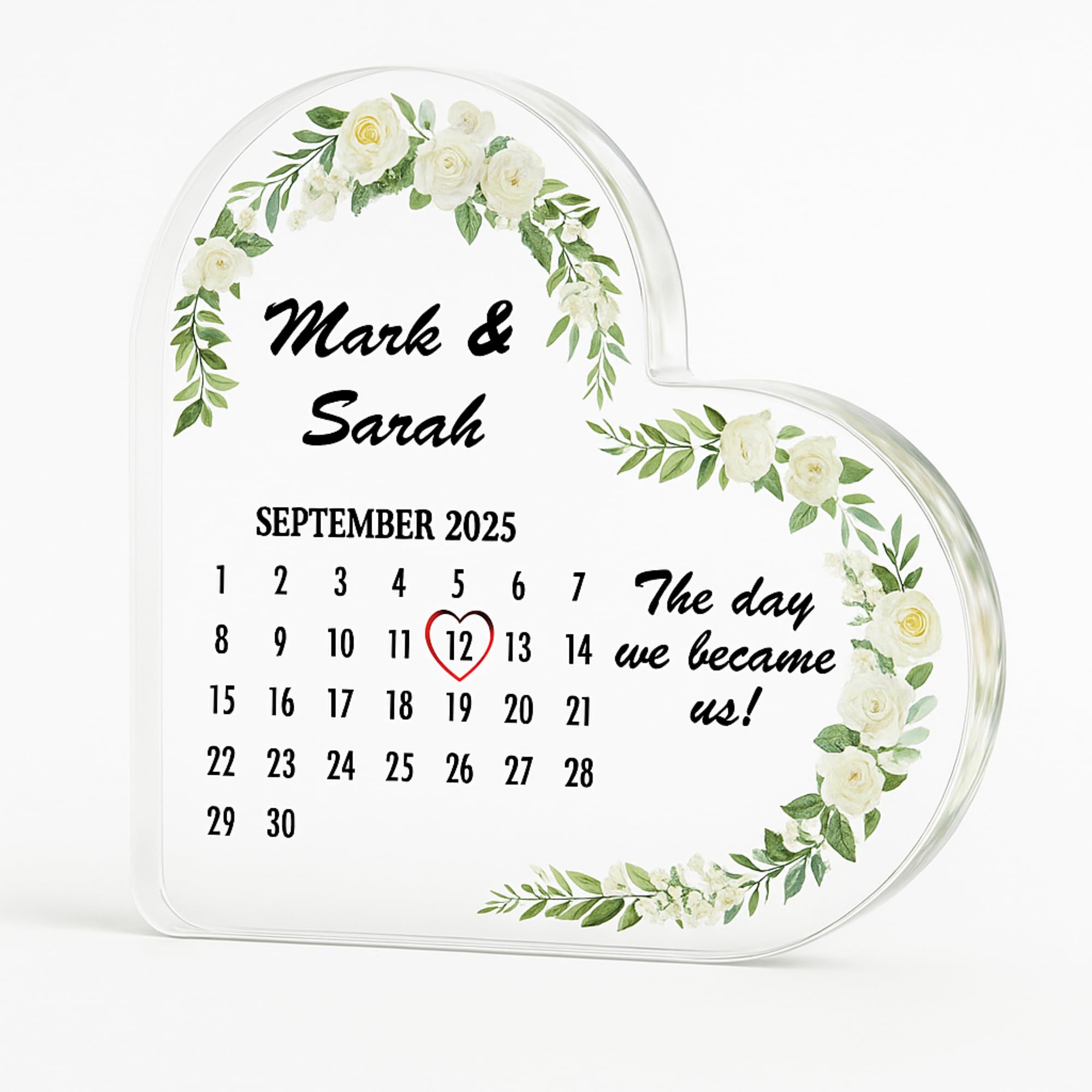 Crafted Memories | Personalised Acrylic Heart Keepsake, 100x100mm, Calendar Style | Custom Names & Date, Crystal-Look Design, UV Print | Unique Anniversary Keepsake for Couples