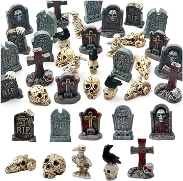Suartus 30Pcs Halloween Miniatures Figurines, Mini Resin Tombstones Tiny Crow Animals Skull Head Figure Ornaments Halloween Garden Accessories for DIY Crafts Outdoor Home Village Graveyard Scene