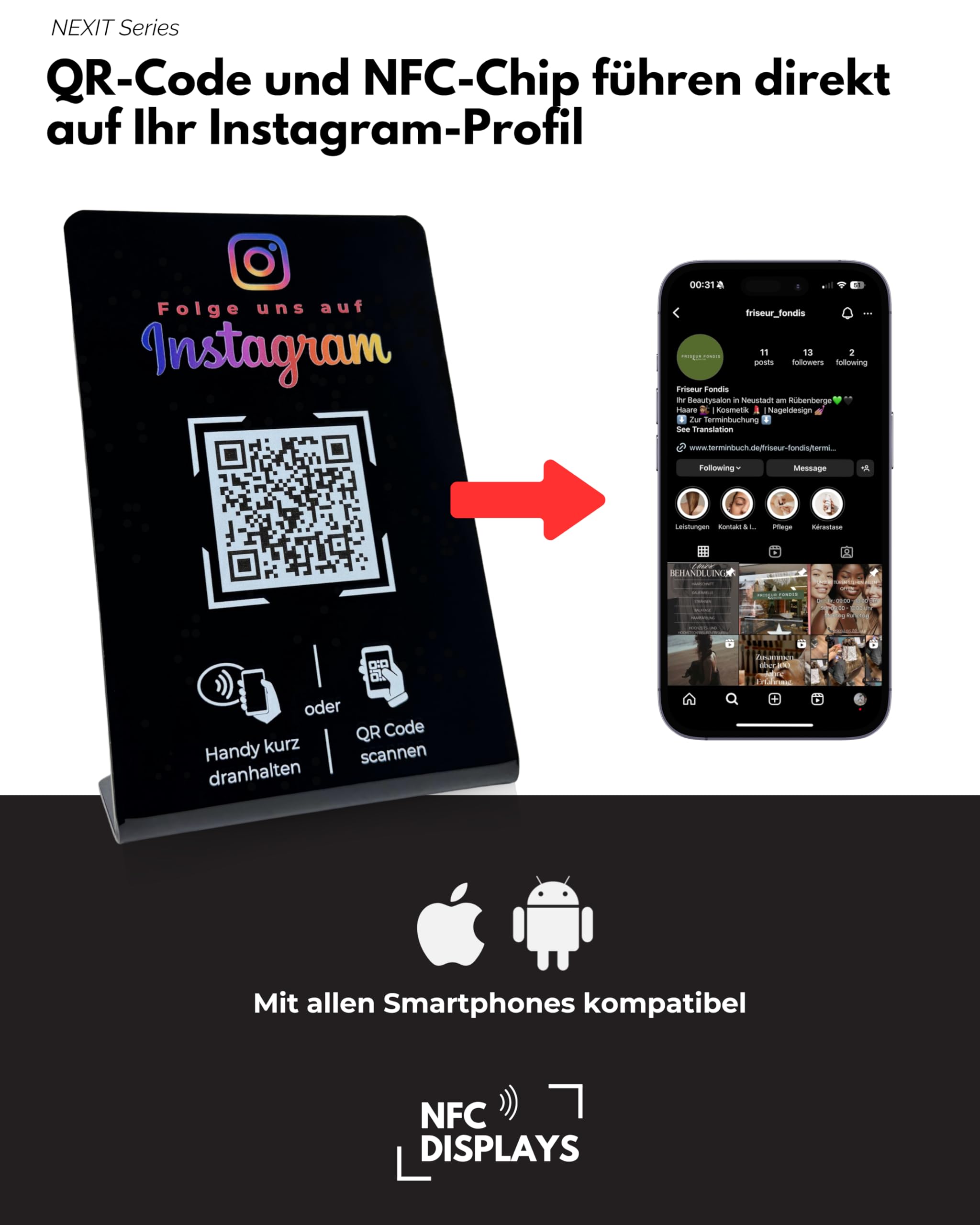 Aufsteller Schild für Instagram mit QR-Code NFC 16,5 x 10,5cm schwarz