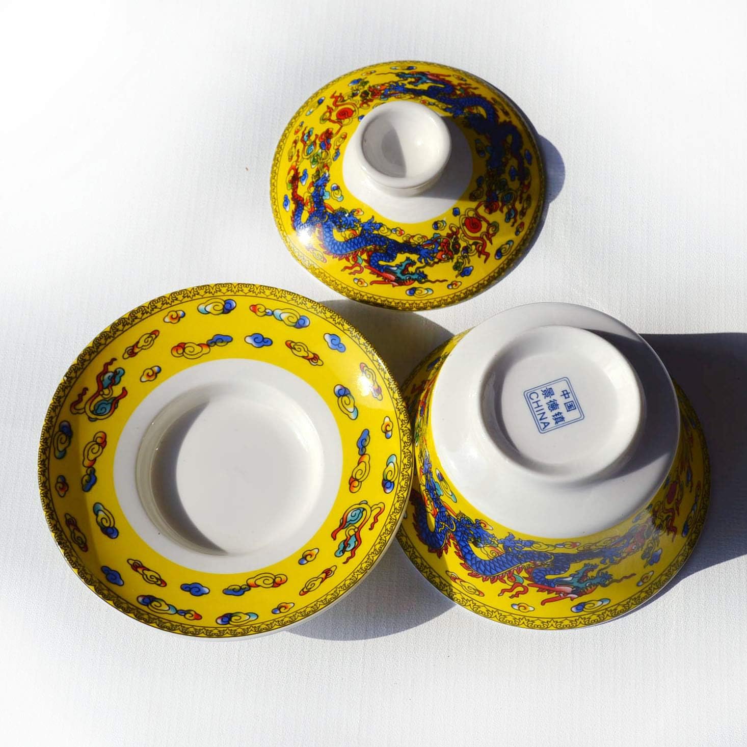 Gaiwan Teacup 7oz Chinese Dargon Sancai Cover Bowl Lip Saucer Set for Gongfu Tea (Yellow)