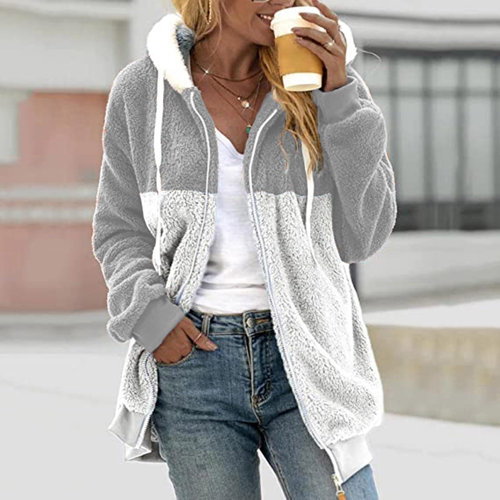 Generico Sudaderas Largas Algodón Mujer con Cremallera Sin Capucha - Top Blanco Mujer Elegante Oversize Hoodie Ligero Moda Térmica Felpa Suave con Bolsillos Cómodos Ropa Otoño Casa Al Aire Libre