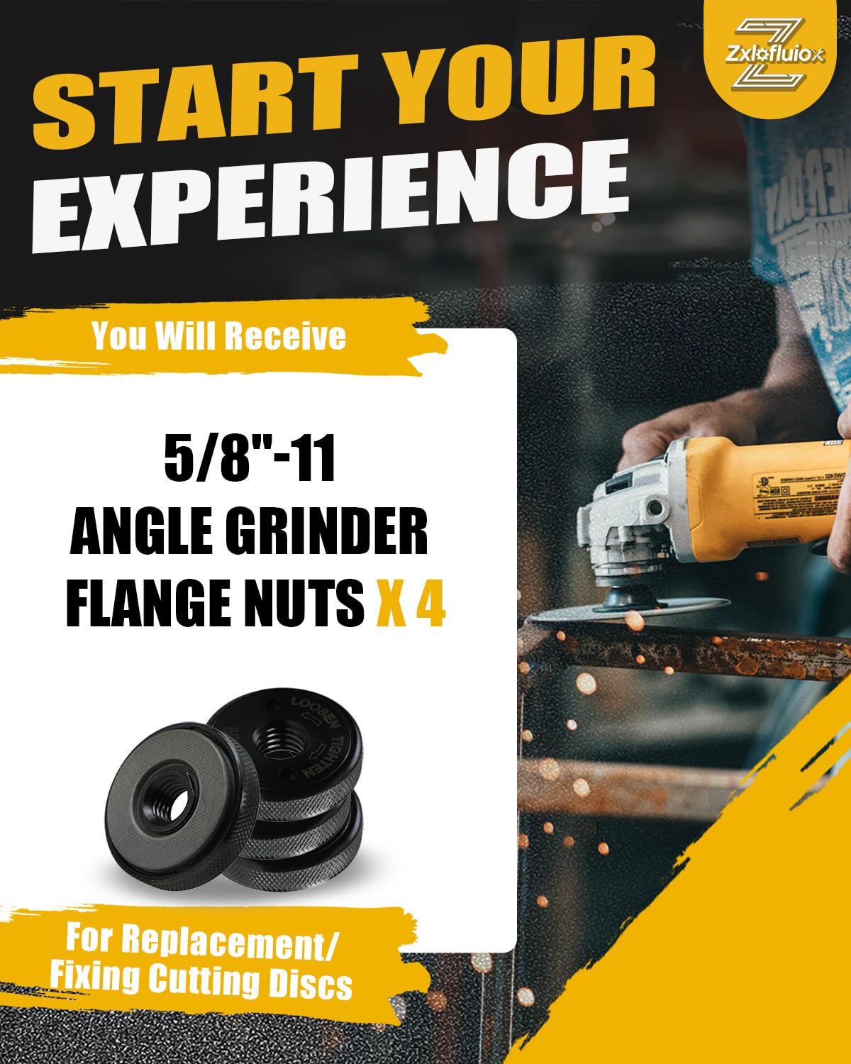 4 Pack 5/8"-11 Angle Grinder Flange Nuts for Fixing Cutting Discs, Self Locking Knurled Arbor Nut for 4-1/2" 5" 7" 9" Grinders, No Wrench Required, Carbon Steel