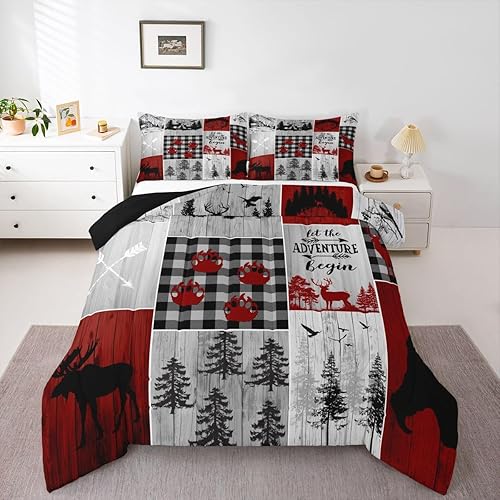Juego de edredón rústico de granja para niños, edredón de oso de caza, alce, ciervo, tamaño individual, inserto de edredón de cabaña de campo, juego