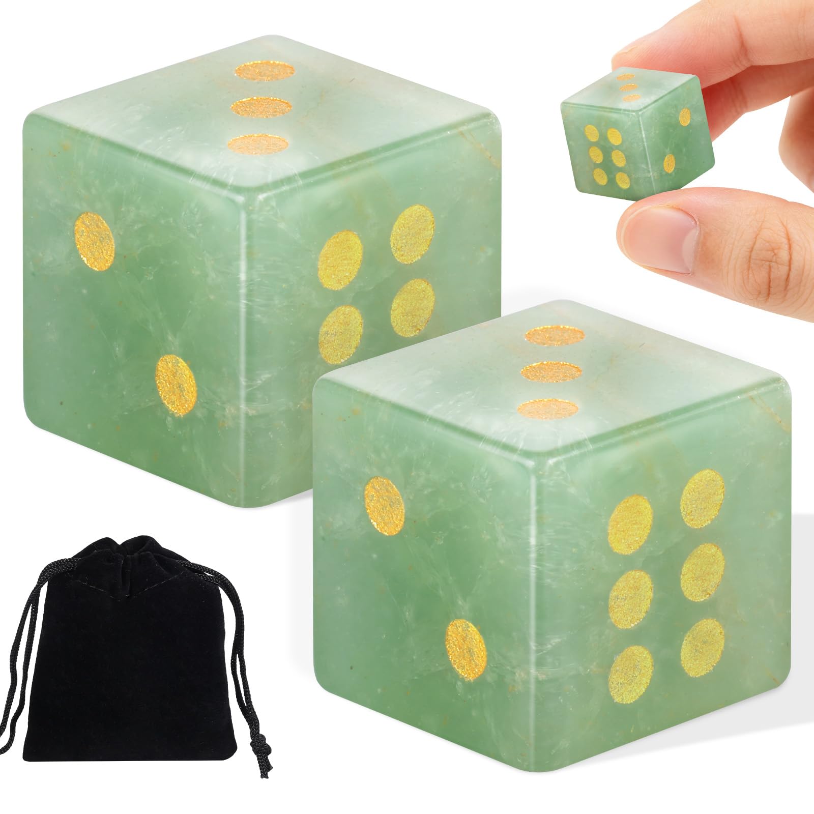 2Pcs Crystal Dices 16mm, Natural Crystal Mahjong Dice Set, 6-Sided Carved Gemstone D6 Dice with Velvet Pouch for Tabletop Board Games, Healing Stone Spiritual Decor(Green)