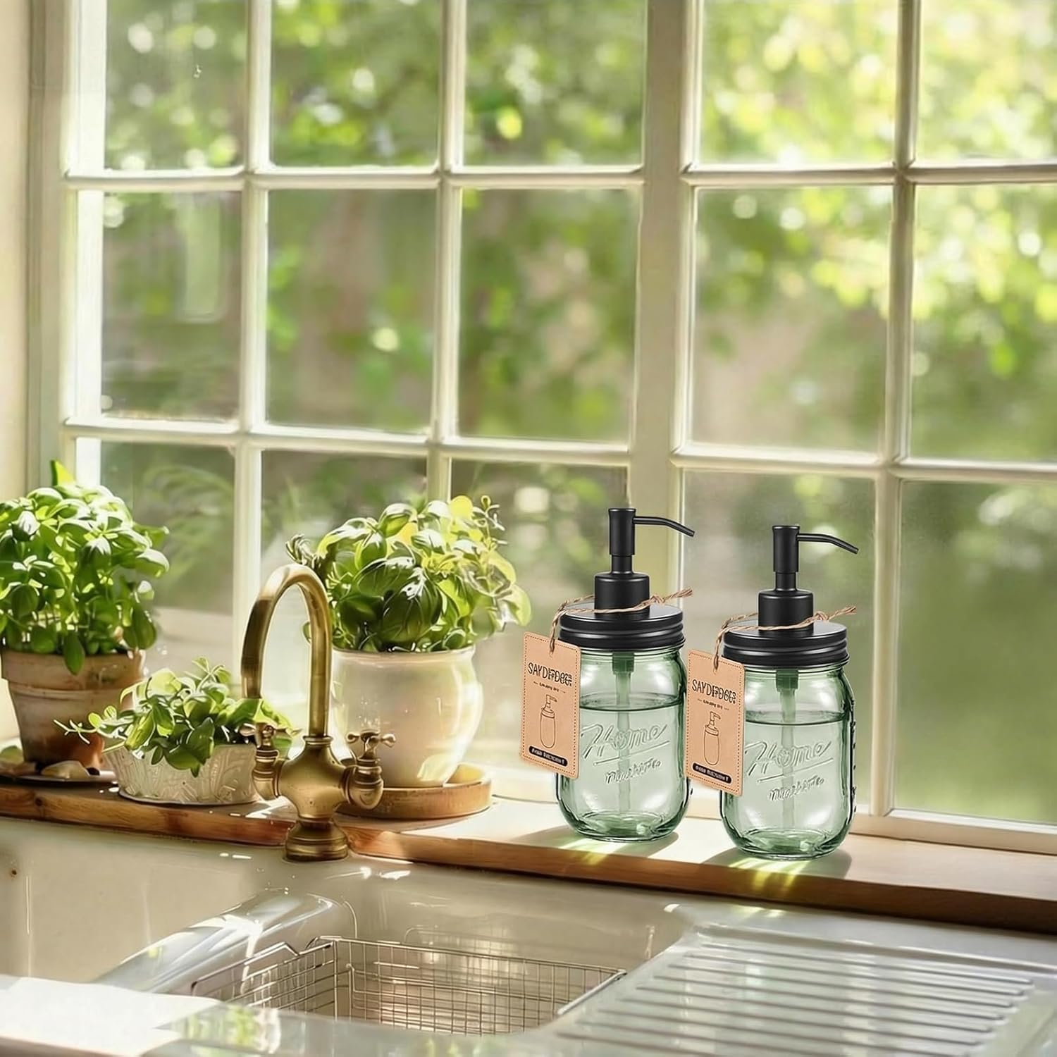 SheeChung 6Pcs Bathroom Accessories Set, Qtip Holder, Toothbrush Holder & 2Pcs Mason Jar Soap Dispenser, Green Glass Soap Dispenser, Refillable Lotion Dispenser, Farmhouse Bathroom Decor