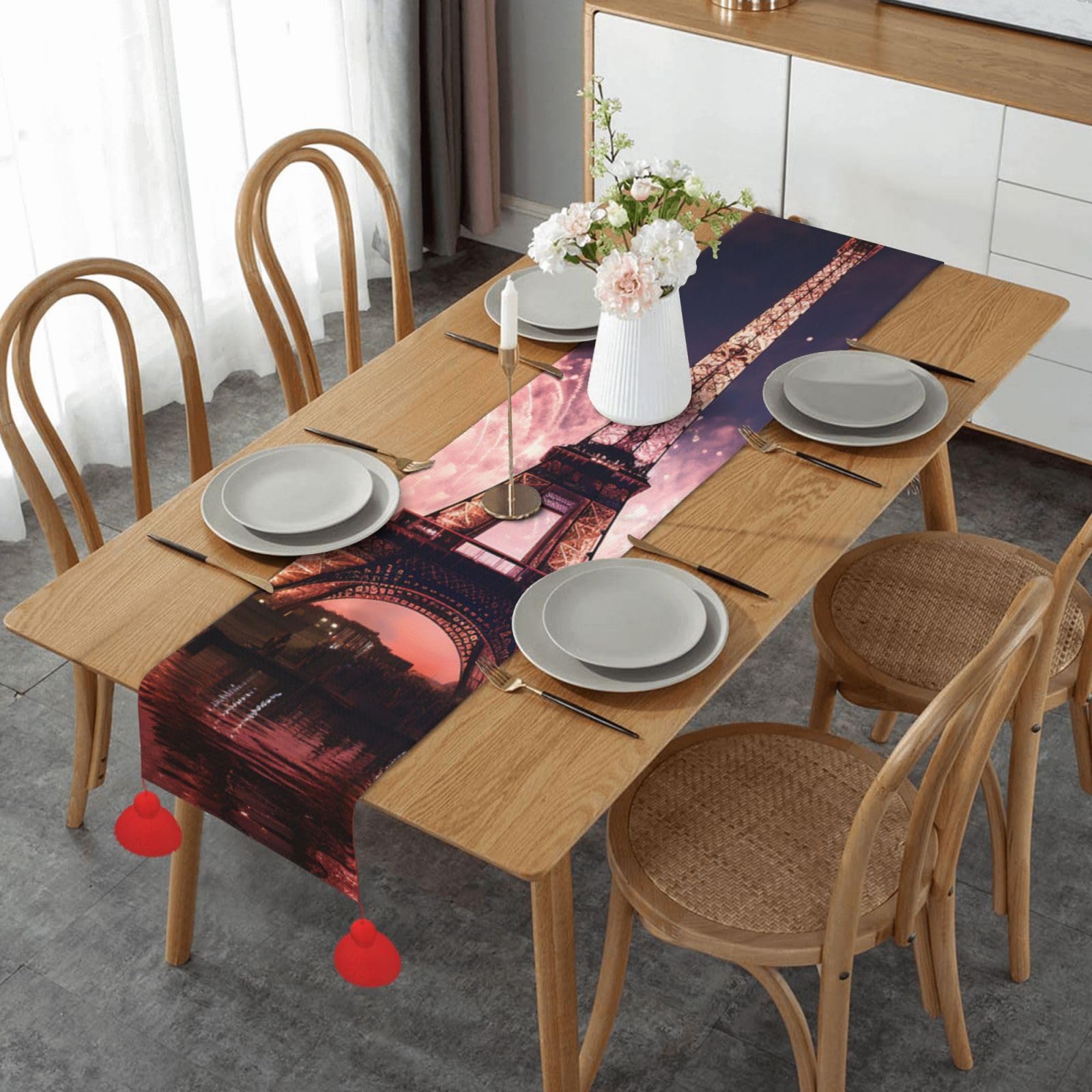 Chemin de table rose en faux lin, déco de table lavable et longue