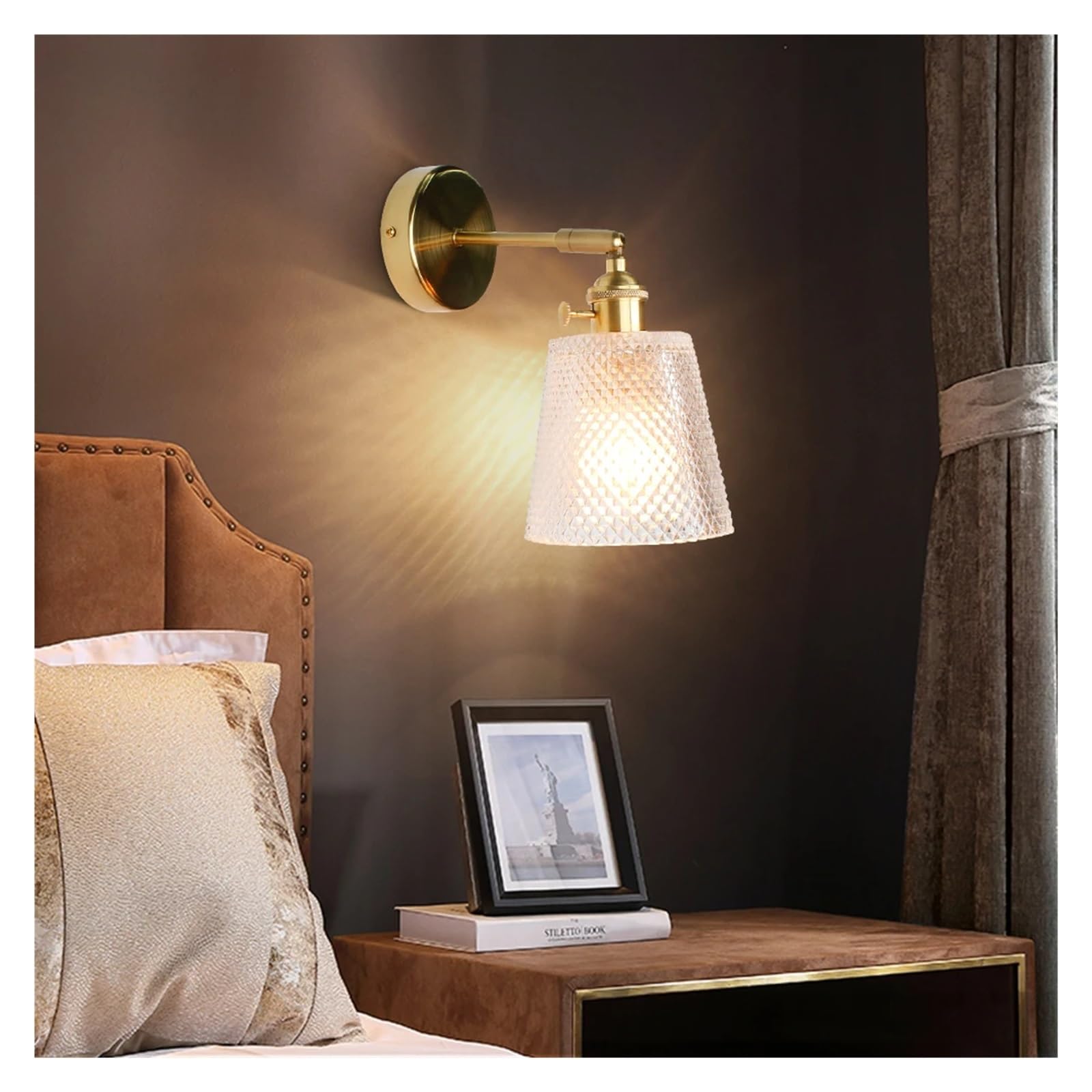CWCQGH Wall Sconces, Modern Glass Wall Light E27 LED Copper Light Switch Wall Sconce for Bedroom Suit,A
