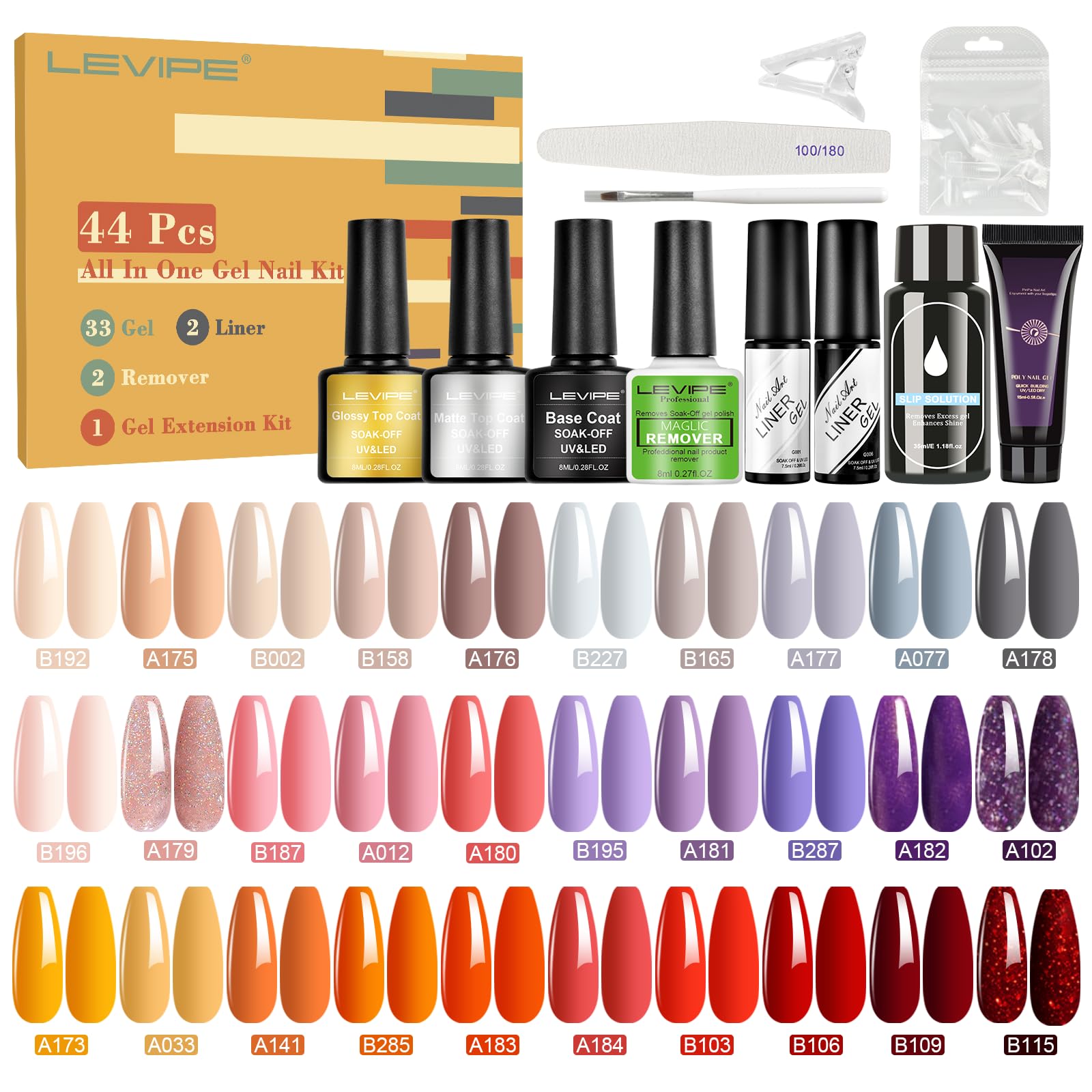44Pcs Pintauñas Semipermanentes, 36 Color Esmalte Semipermanente + 2 Base + 1 Top Coat Brillante + 1 Mate + 3 Negro, Rojo, Blanco Gel de Arte Lineal + 1 Tira Magnética de Ojo de Gato, 8ml