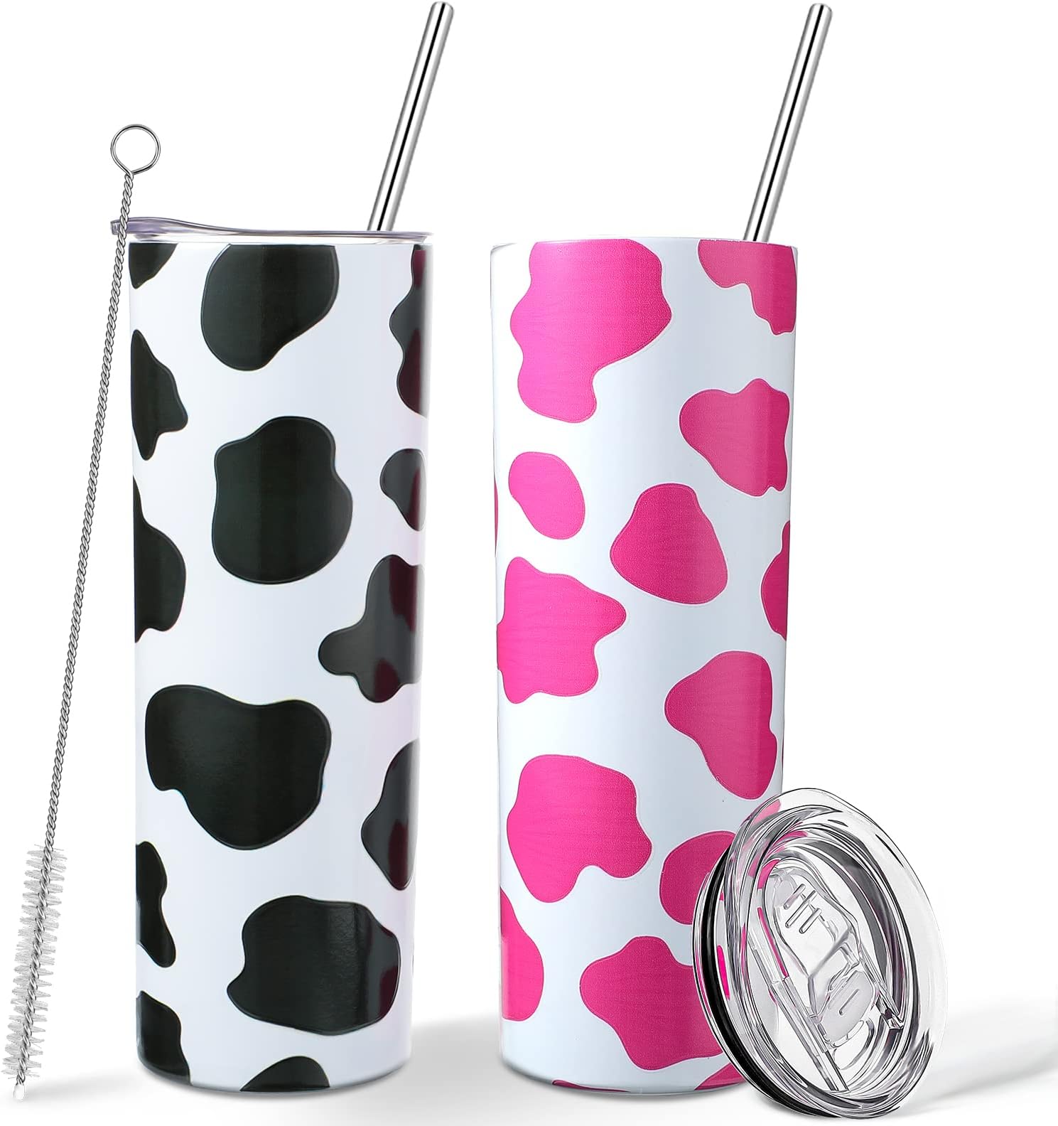 Qualirey 2 Pieces 20oz Cups Triple-Insulated Stainless Steel Tumbler Cute White and Black Stainless Steel Tumbler with Lid Stainless Steel Straw and Cleaning Brush (Cow Print Style)