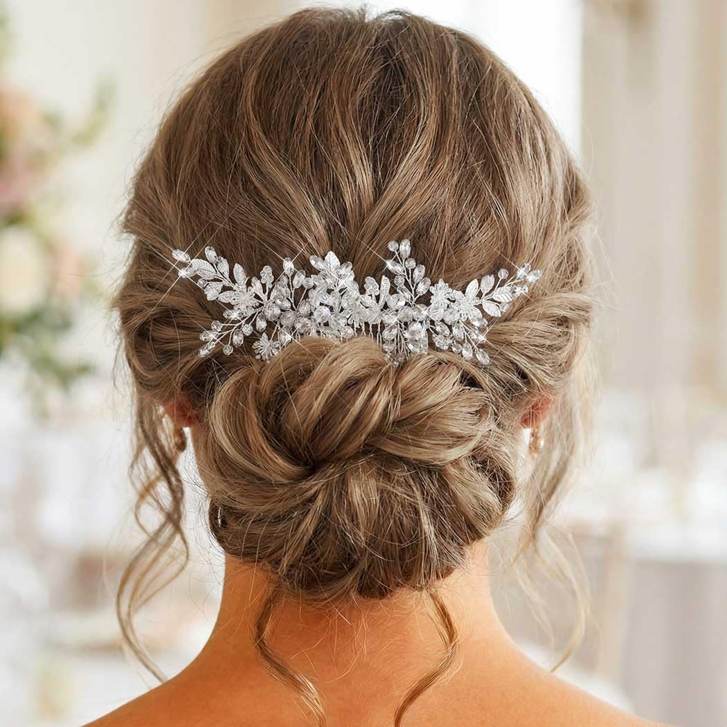 Unsutuo Flower Hair Combs Silver Rhinestone Pearl Headpieces Leaves Wedding Hair Accessories for Women and Girls
