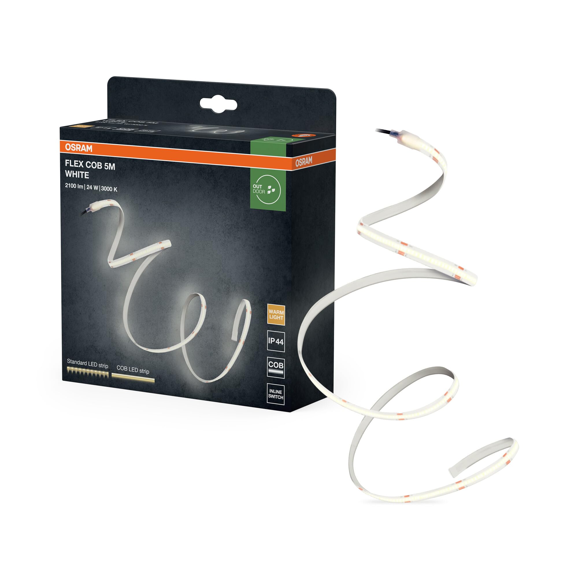 Osram FLEX COB OUTDOOR 5M LED-Streifen, weiß, 22W, 800lm, warmweißes Licht, COB-Technologie, homogene Lichtverteilung, lange Lebensdauer, einfache Montage, SchutzkIasse IP44, 3000K